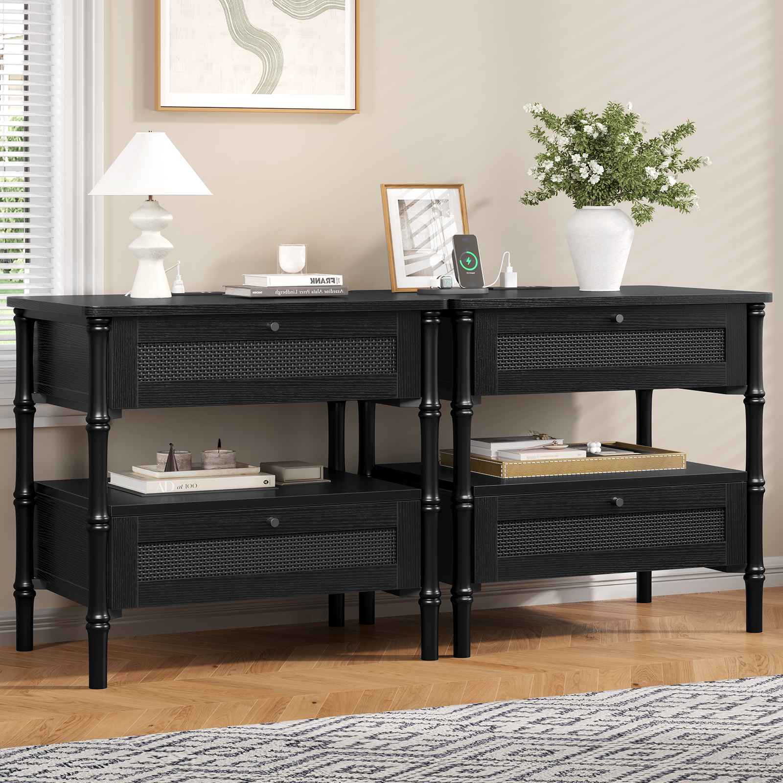 Sikaic Nightstand Rattan Nightstand with Charging Station and Turned Legs Black Black / Engineered Wood / Modern