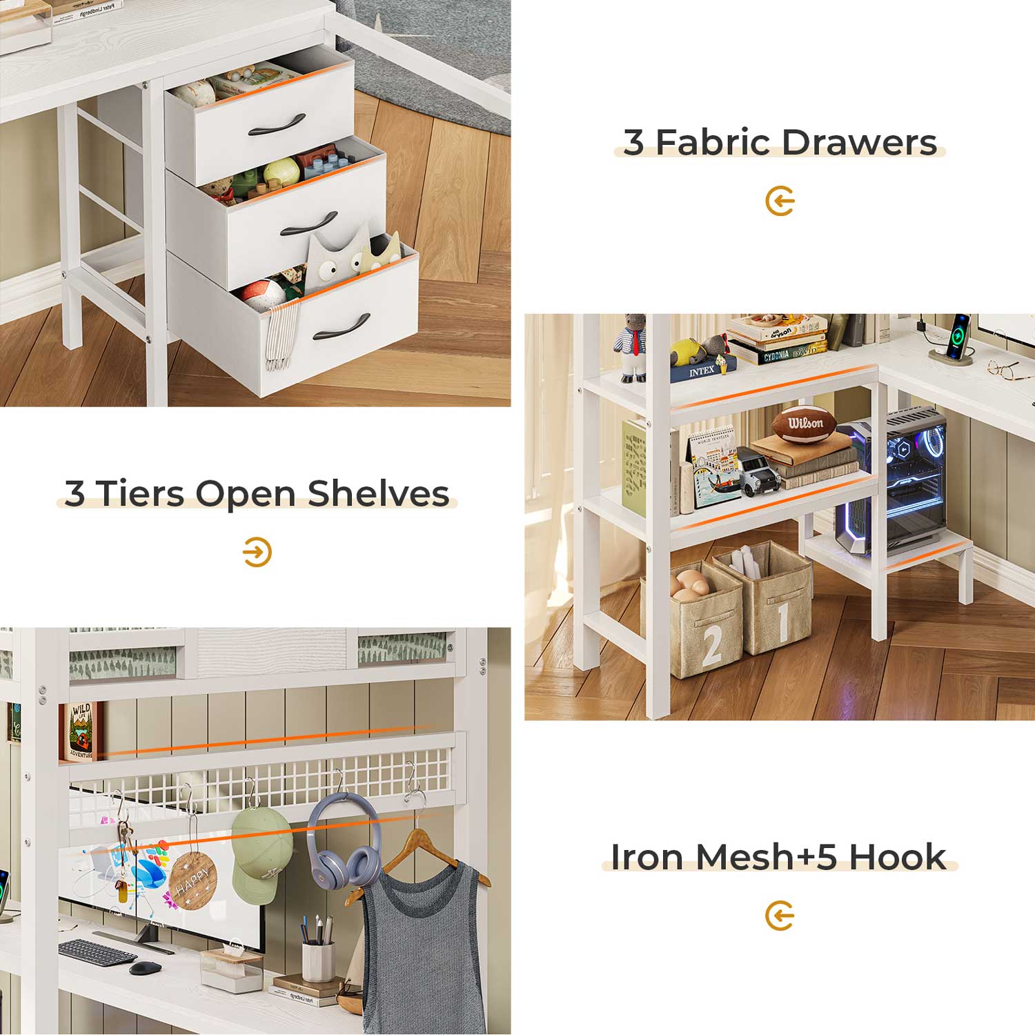 Sikaic Bed Frame Metal Loft Bed Frame Twin Size with L-Shaped Desk LED Lights Charging Station Drawers & Shelve White