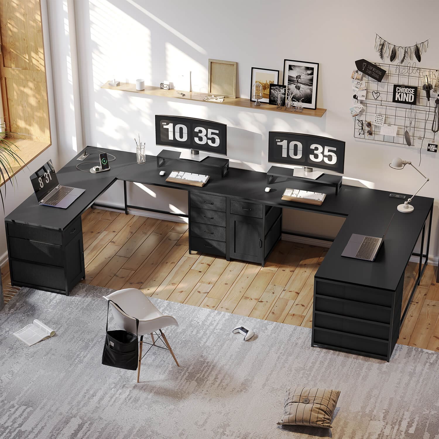 Sikaic Computer Desk 63 Inches L Shaped Corner Computer Desk with 5 Drawer Power Outlet Monitor Shelf Storage Cabinet Black