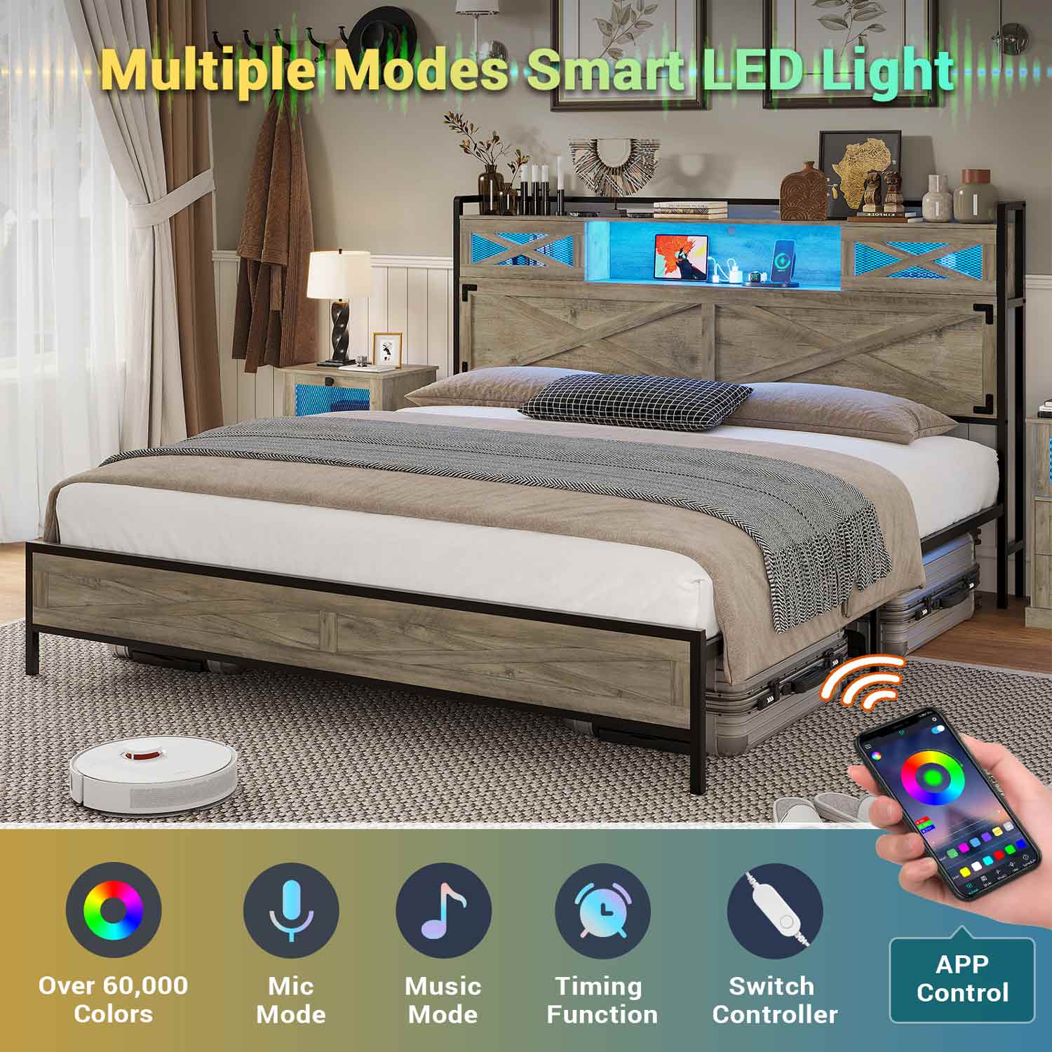 Sikaic Bed Frame LED Farmhouse Platform Bed Frame with Charging Station Storage Headboard Sliding Barn Door Grey