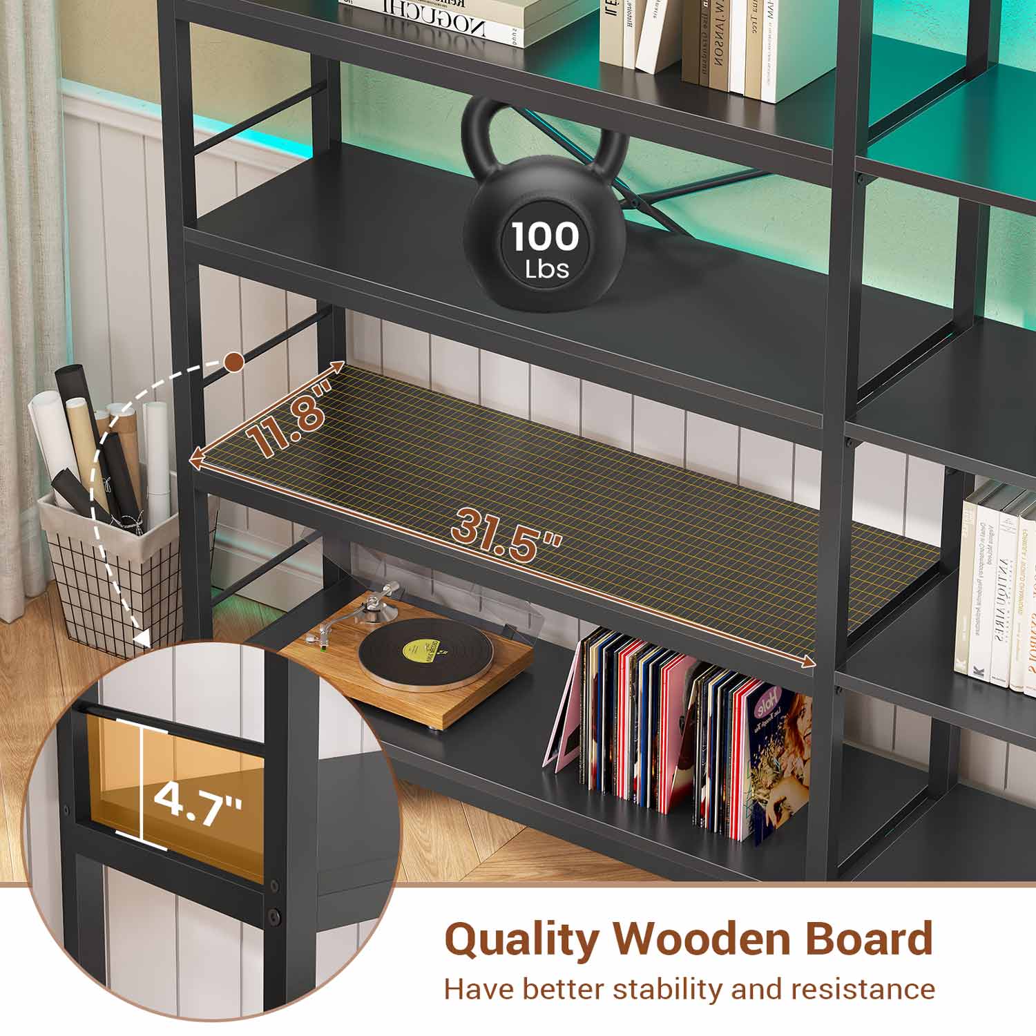 Sikaic Bookshelf 55 Inches Convertible Corner 5-Tier Tall Bookshelf with Pegboard Storage Bag & LED Light for Bedroom Black