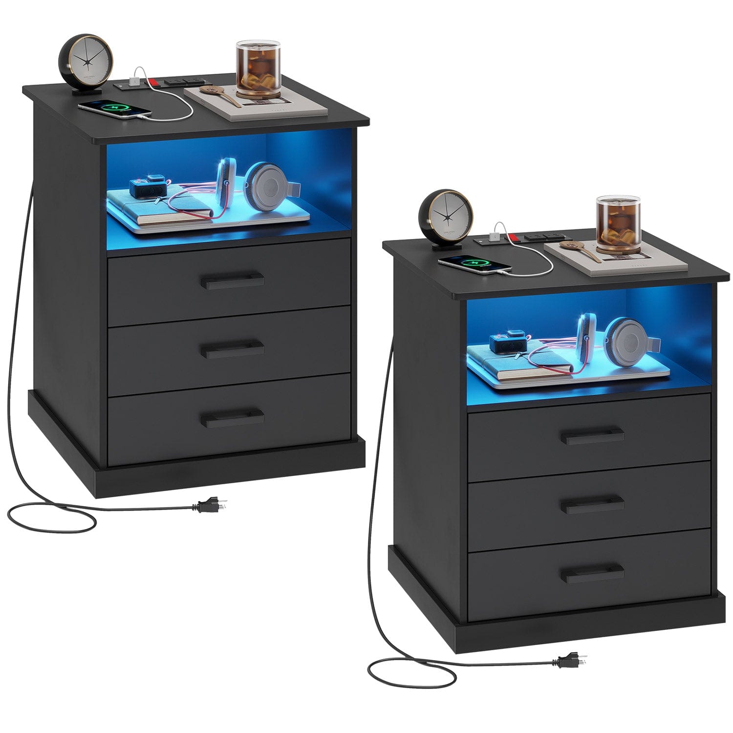 Sikaic Nightstands LED Nightstand with Charging Station 3 Storage Drawers Black