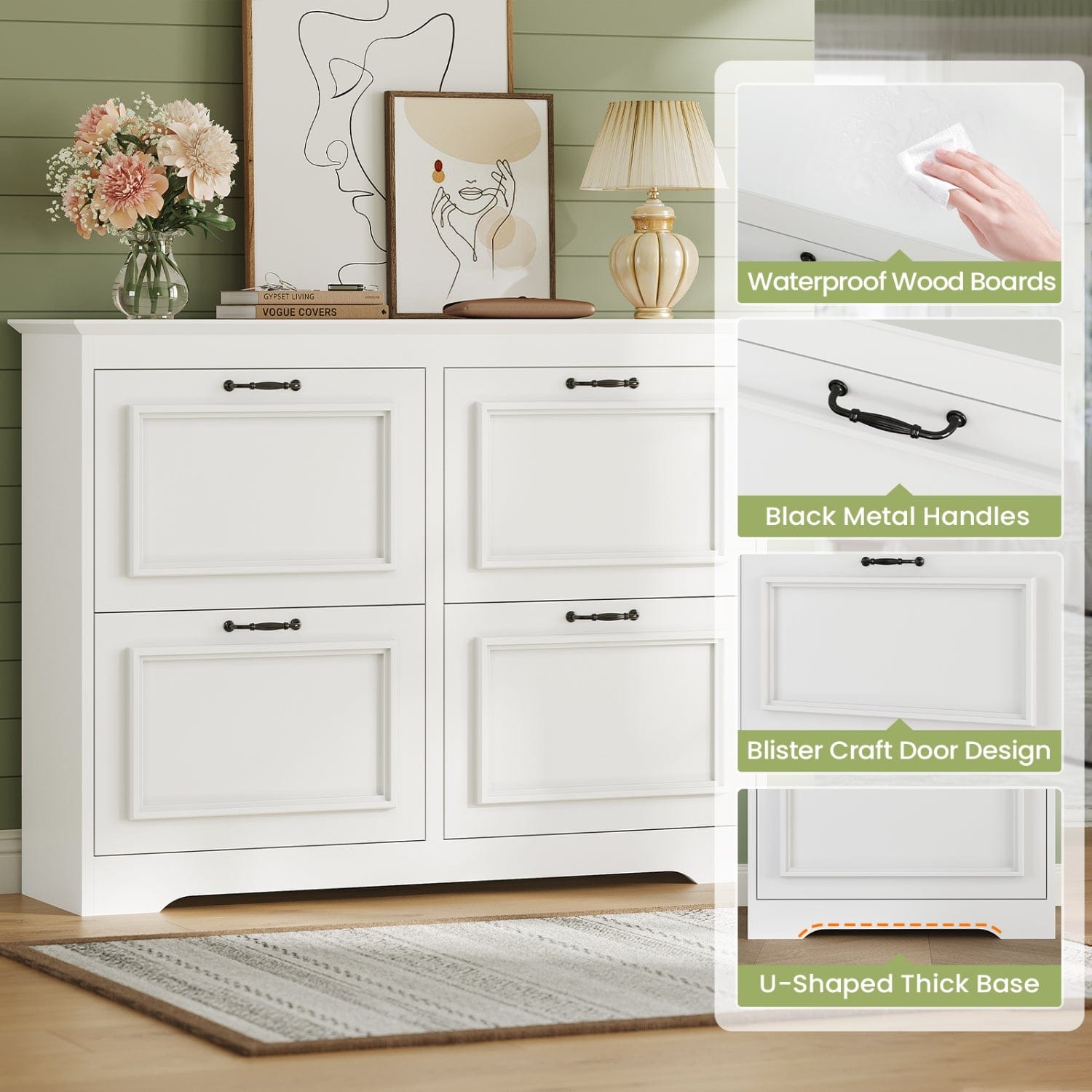 Sikaic Shoe Benches Shoe Benches with 4 Flip Drawers White White / Engineered Wood / Modern