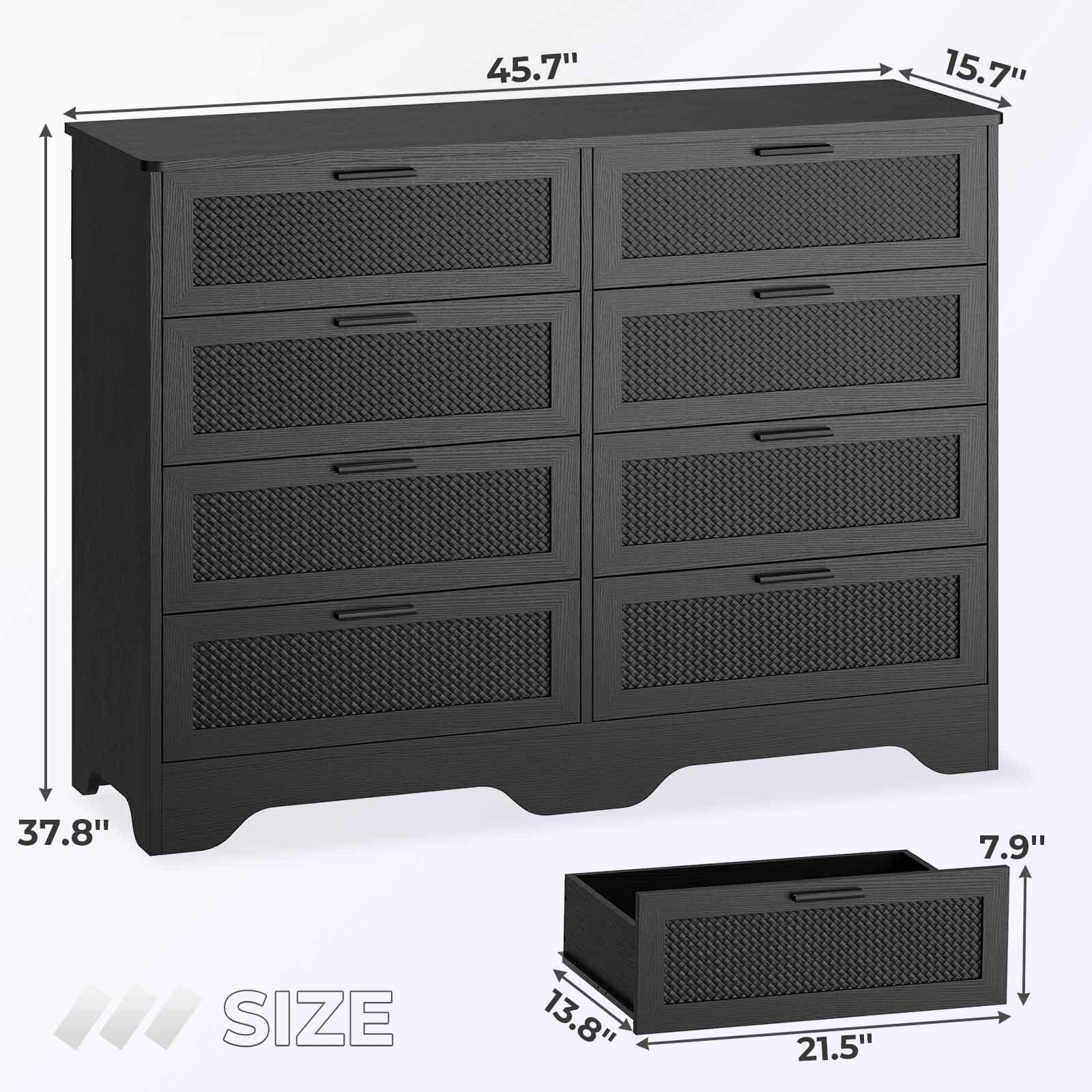 Sikaic Dresser Wooden Large Capacity Storage Dresser of Drawers with Woven Leather Design for Living Room Hallway Black