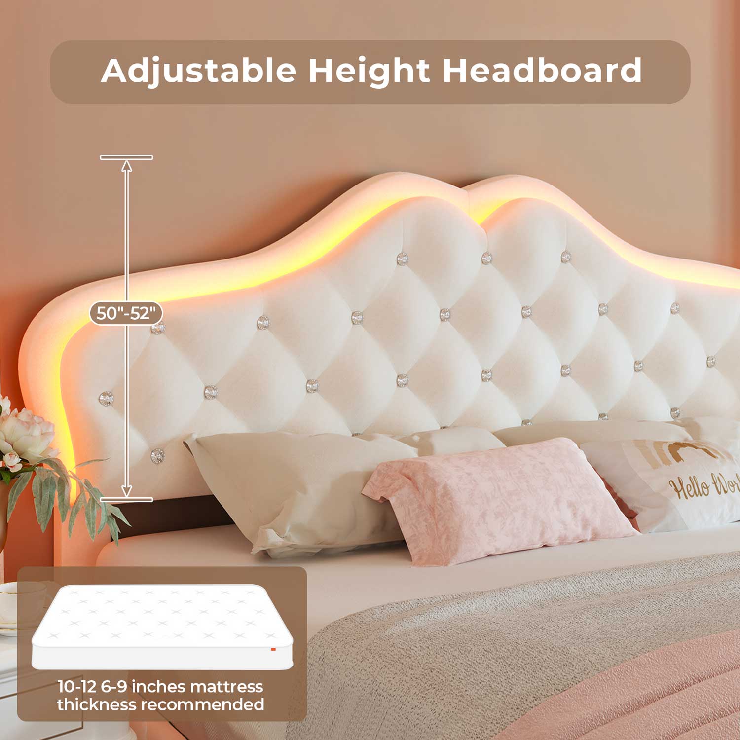 Sikaic Bed Frame Princess Velvet Upholstered Platform Bed Frame with Adjustable Crystal Button Headboard and RGB LED Lights Creamy White