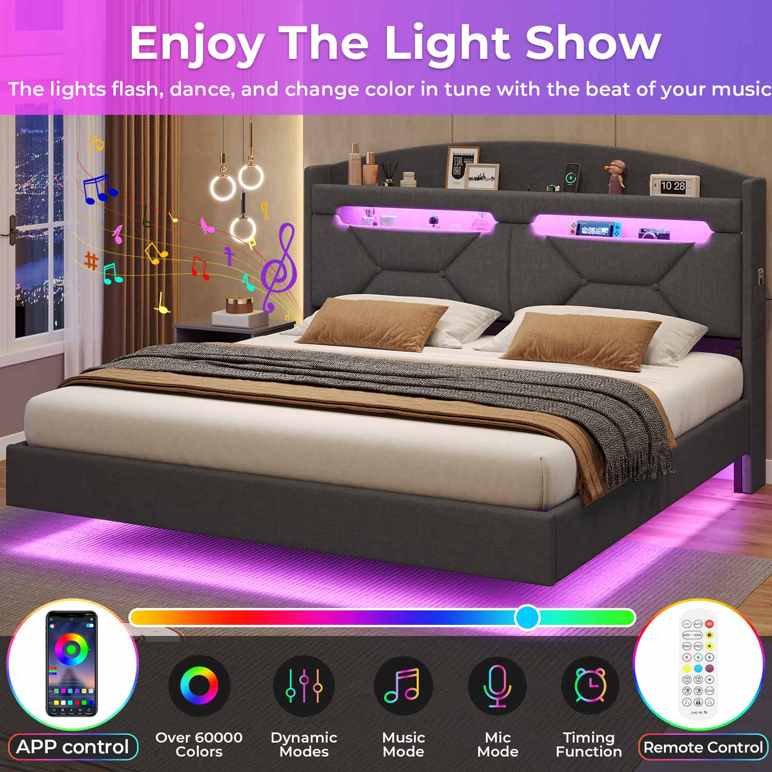 Sikaic Bed Frame LED Floating Bed Frame with Charging Station Hidden Storage Dark Grey