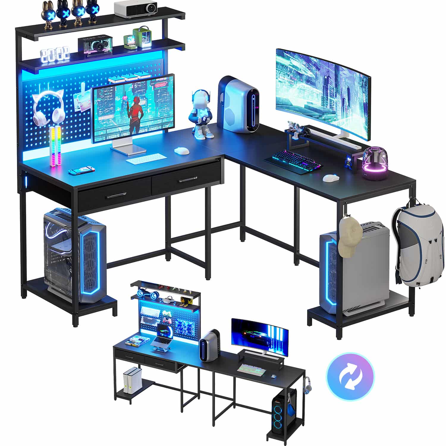 Sikaic Gaming Desk L Shaped Reversible LED Gaming Desk with Hutch Pegboard and Storage Shelves Drawers & Monitor Stand Black