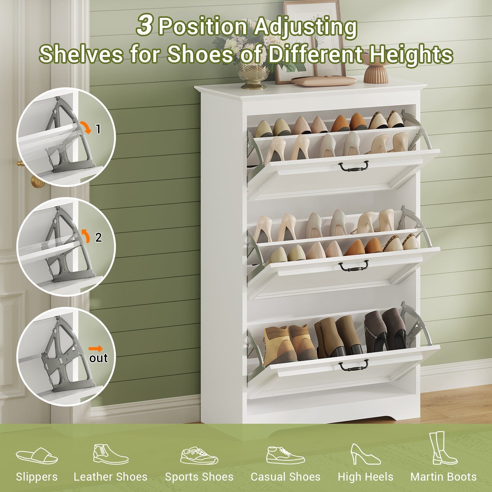 Sikaic Shoe Cabinet Shoe Cabinet with 3 Flip Drawers and Metal Flip Stand White White / Engineered Wood / Modern