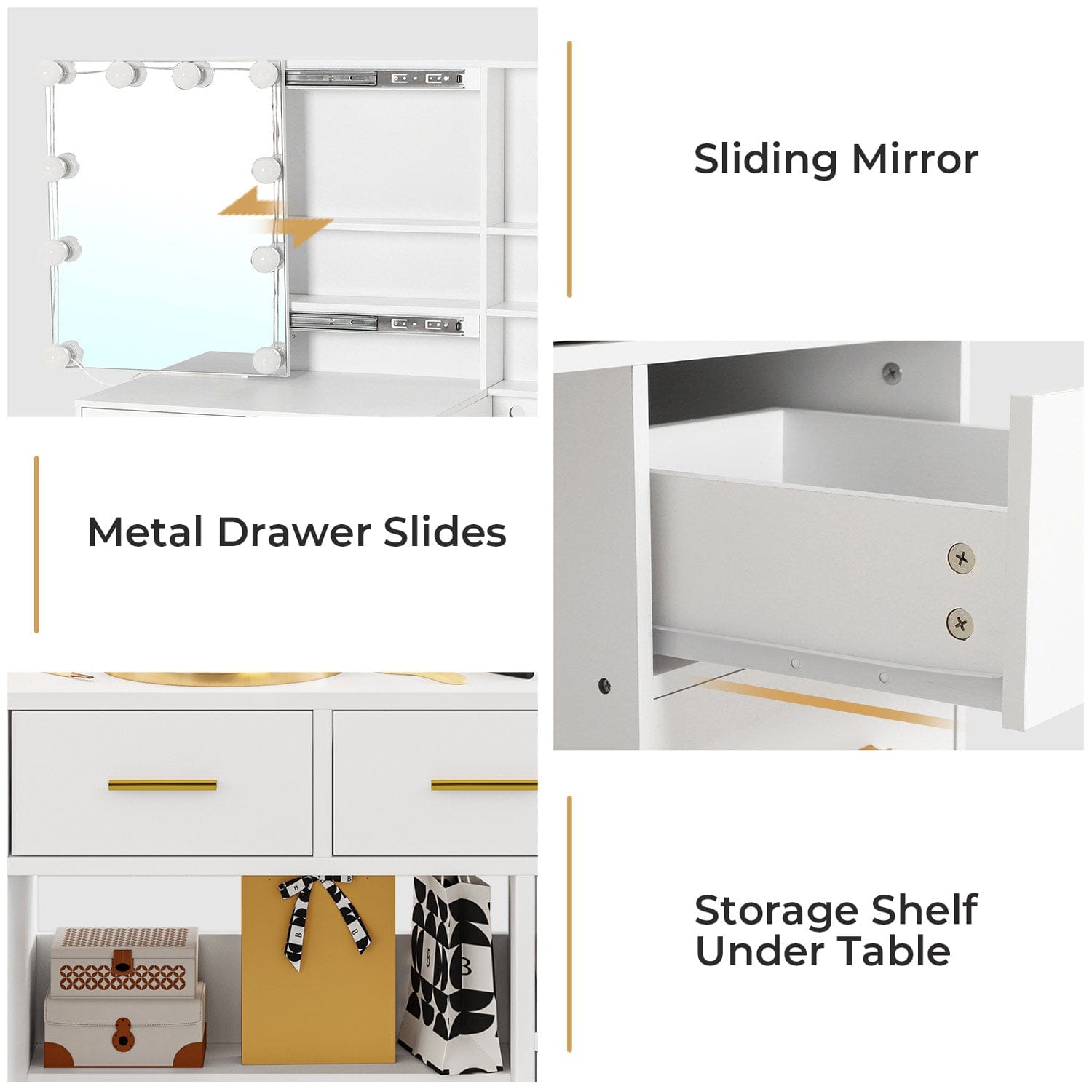 Sikaic Makeup Vanity 5 Drawers LED Makeup Vanity Desk with Sliding Mirror Charging Station Hidden and Open Storage Shelves White
