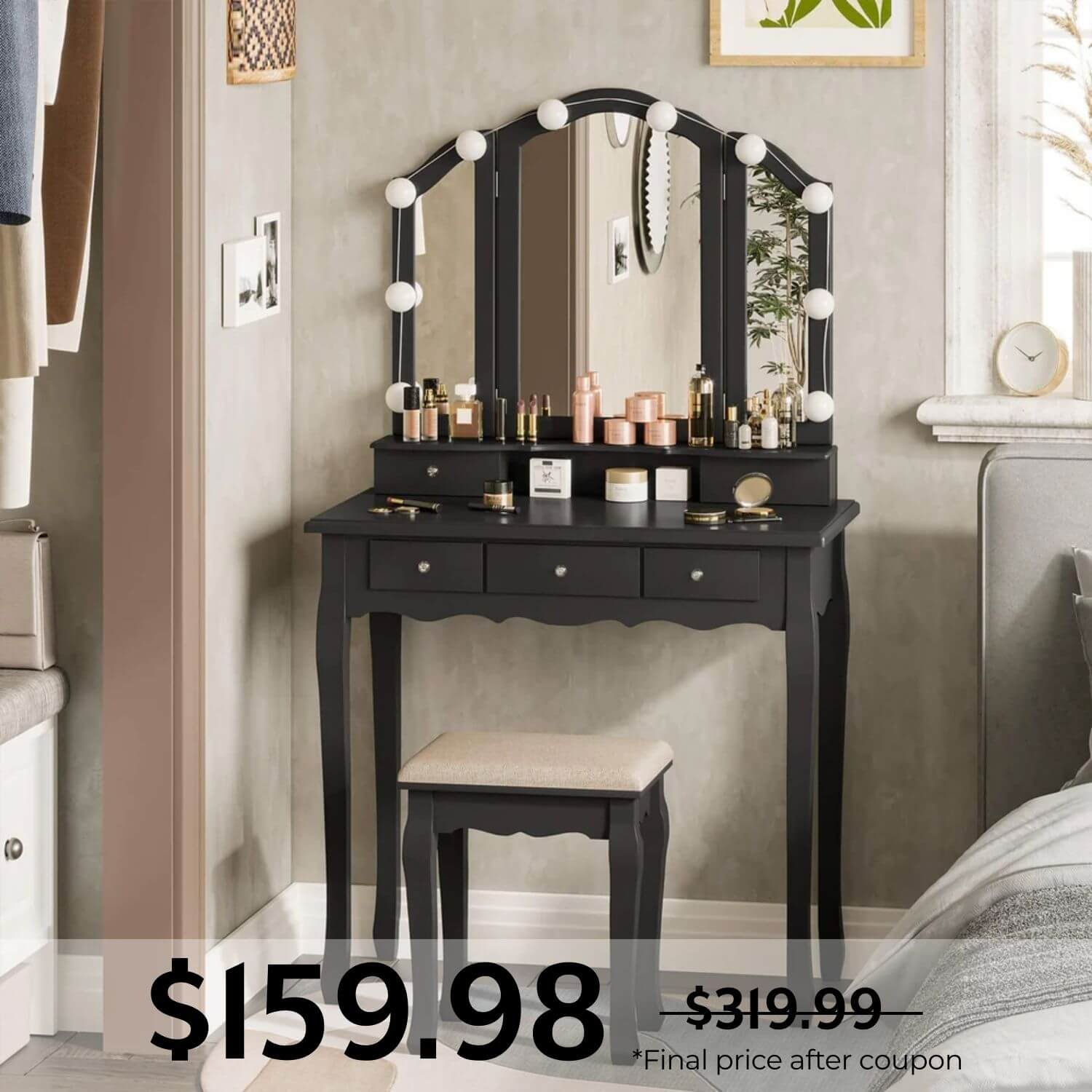 Sikaic Makeup Vanity Makeup Vanity Set with Lighted Mirror Stool Drawers and Cushioned Stool Black Black / Engineered Wood / Modern