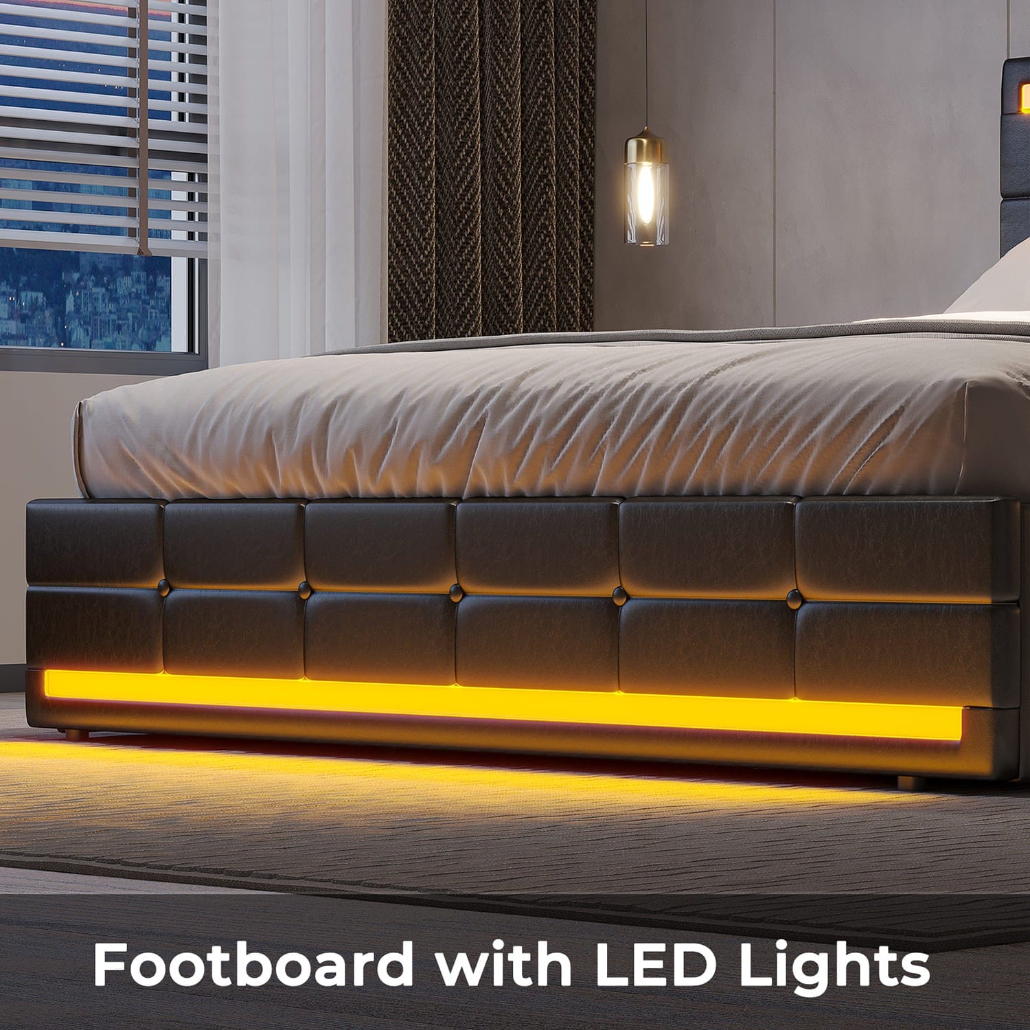 Sikaic LED Bed Frame with Storage Drawers Leather Platform Adjustable Headboard Storage Drawers and Charging Station Black