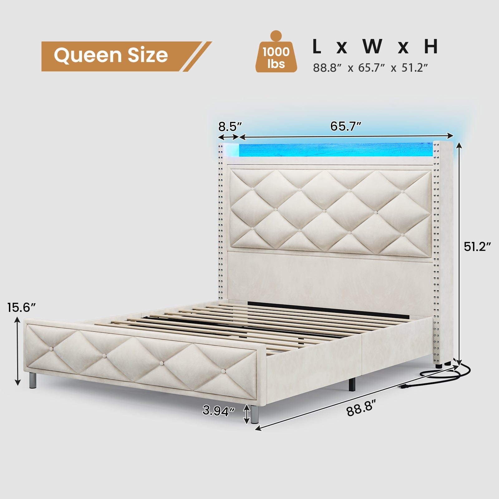Sikaic Bed Frame Upholstered Platform Led Bed Frame with Tall Button Tufted Headboard and Charging Station Beige