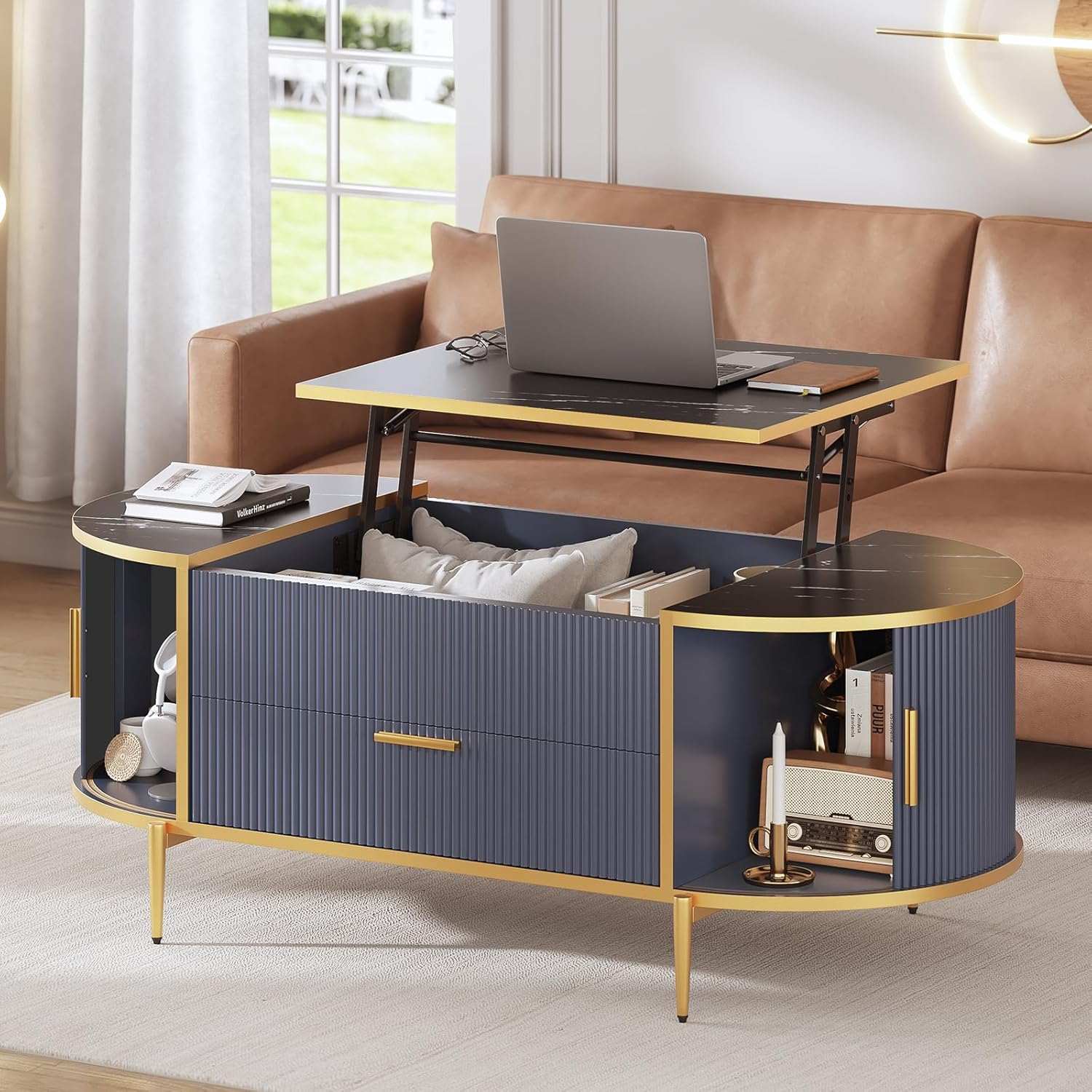 Sikaic Coffee Table Fluted Lift Top Coffee Table with Storage Blue Blue / Engineered Wood / Modern