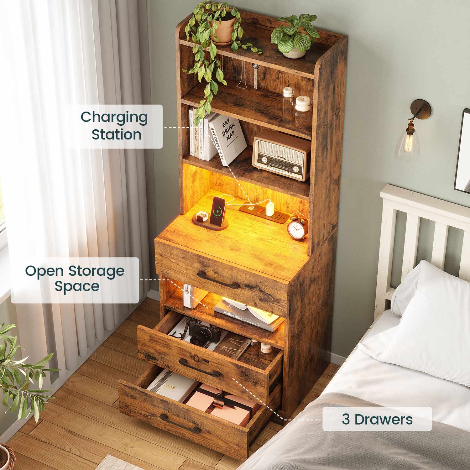 Sikaic Nightstand LED Tall Nightstand with Charging Station 3 Drawers And Bookshelf Brown