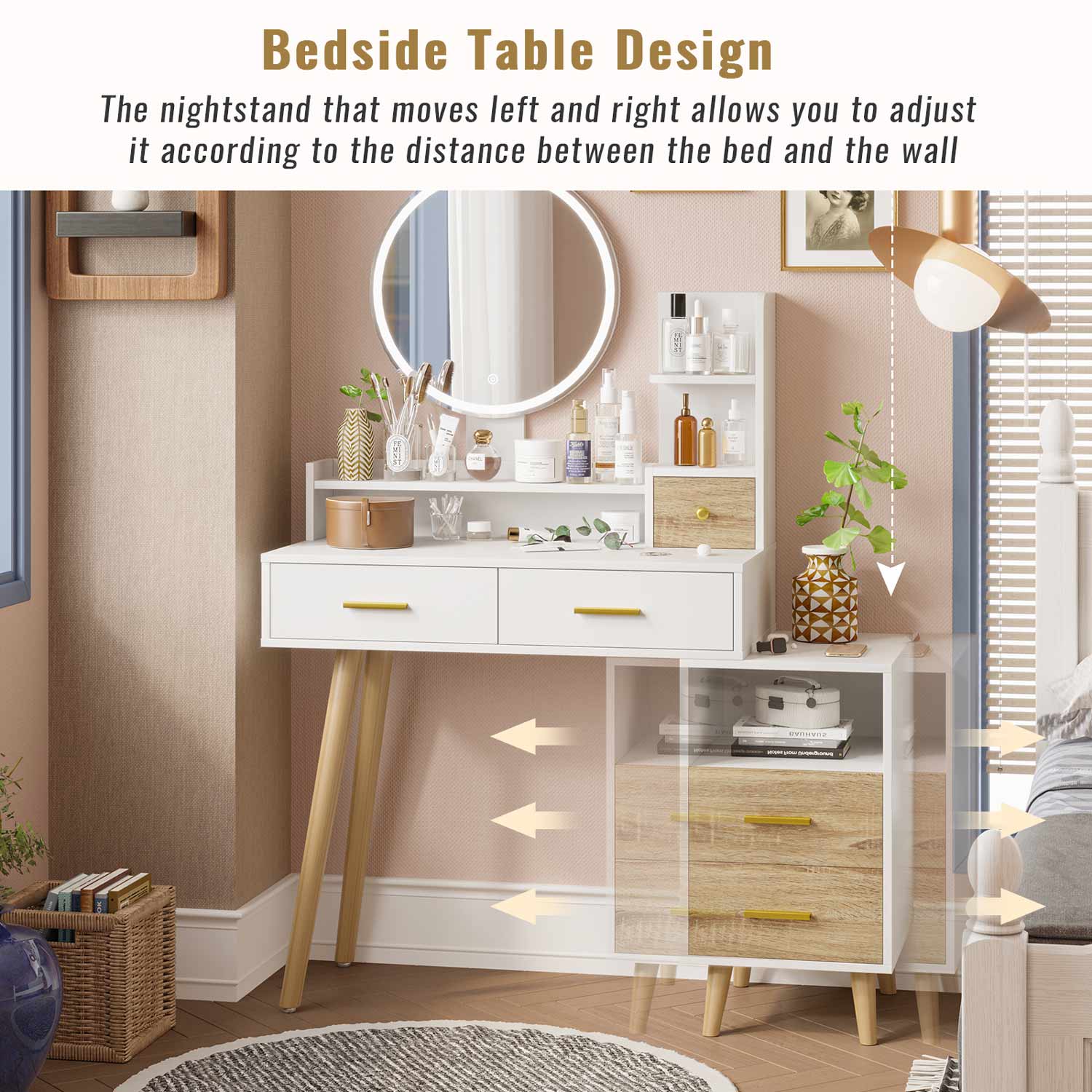Sikaic Makeup Vanity LED Touch Screen Makeup Vanity Mirror with Nightstand and Open Shelves Storage Drawers White