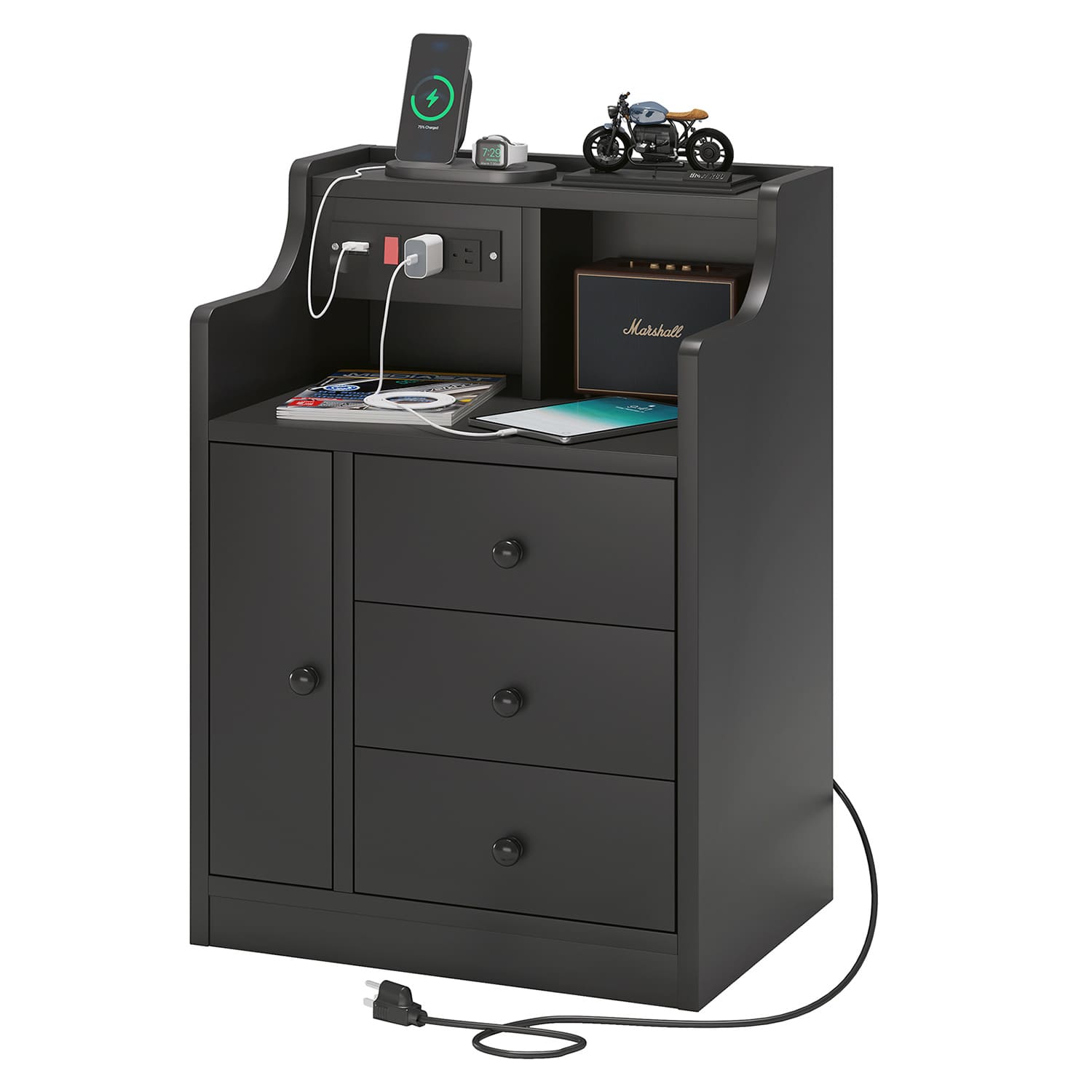 Sikaic Nightstand Nightstand with Charging Station Drawers Black