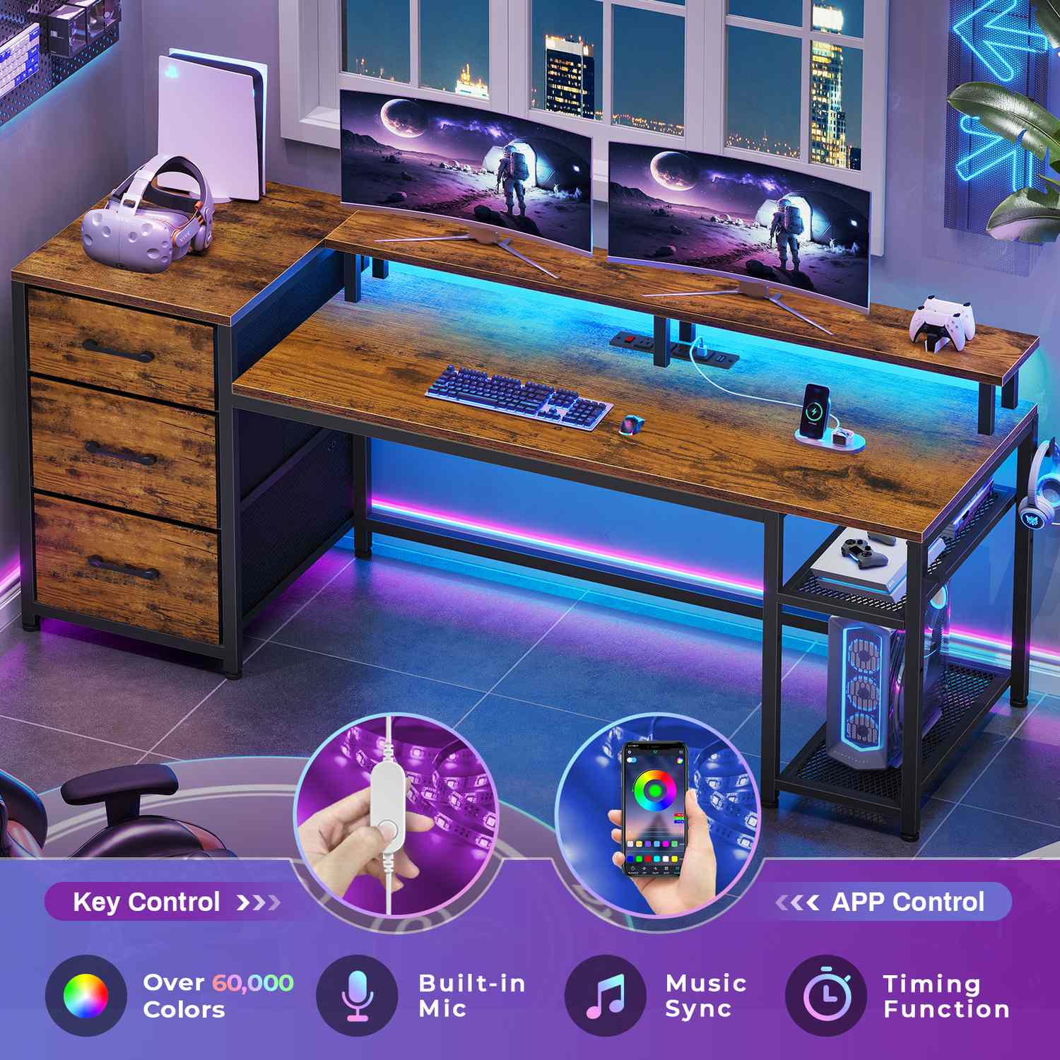 Sikaic Gaming Desk 59 Inches Reversible Gaming Desk with LED Lights & Power Outlet File Drawers and Storage Rustic Brown