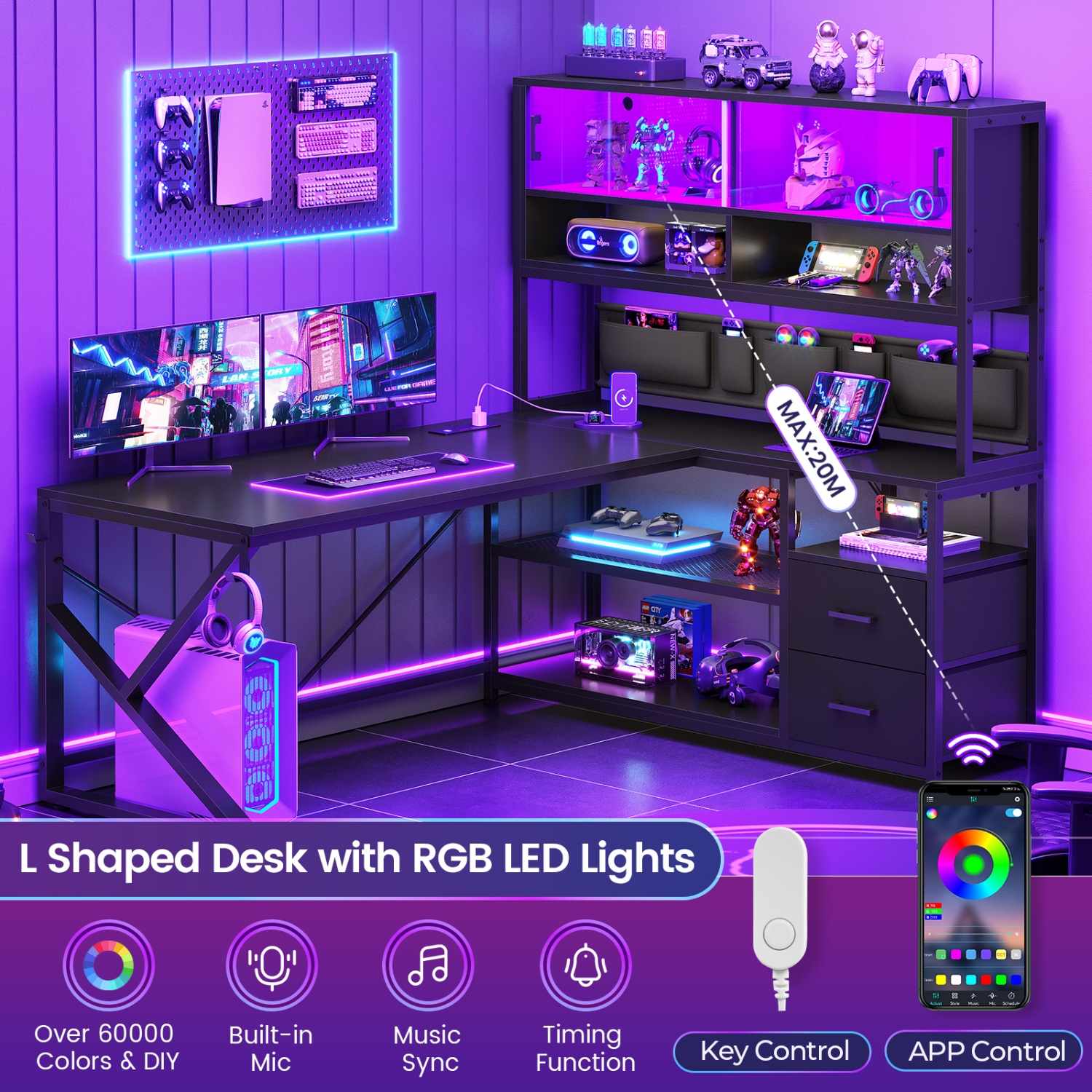 Sikaic Gaming Desk LED L Shaped Gaming Desk Black Black / Engineered Wood / Modern