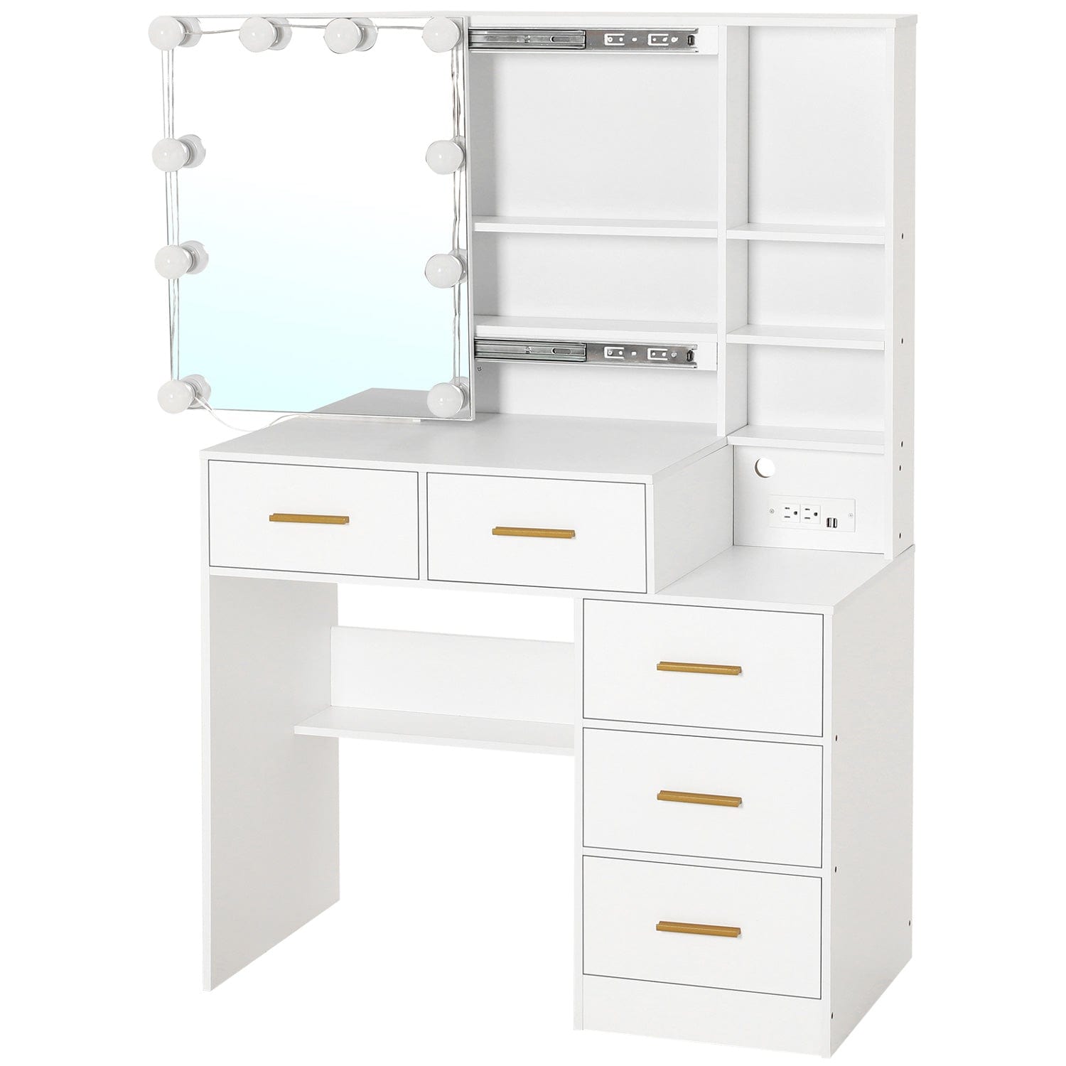 Sikaic Makeup Vanity 5 Drawers LED Makeup Vanity Desk with Sliding Mirror Charging Station Hidden and Open Storage Shelves White