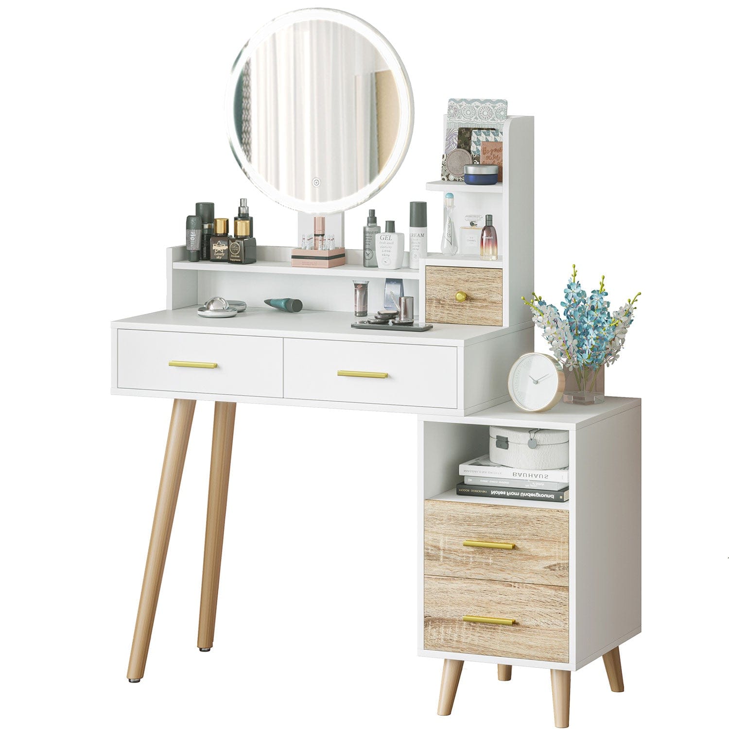 Sikaic Makeup Vanity LED Touch Screen Makeup Vanity Mirror with Nightstand and Open Shelves Storage Drawers White