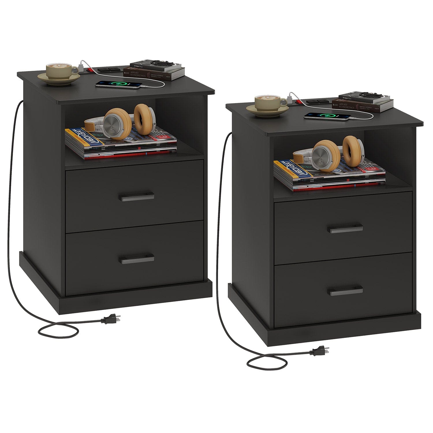 Sikaic Nightstand Nightstand with Charging Station 2 Storage Drawer and Open Cubby Black