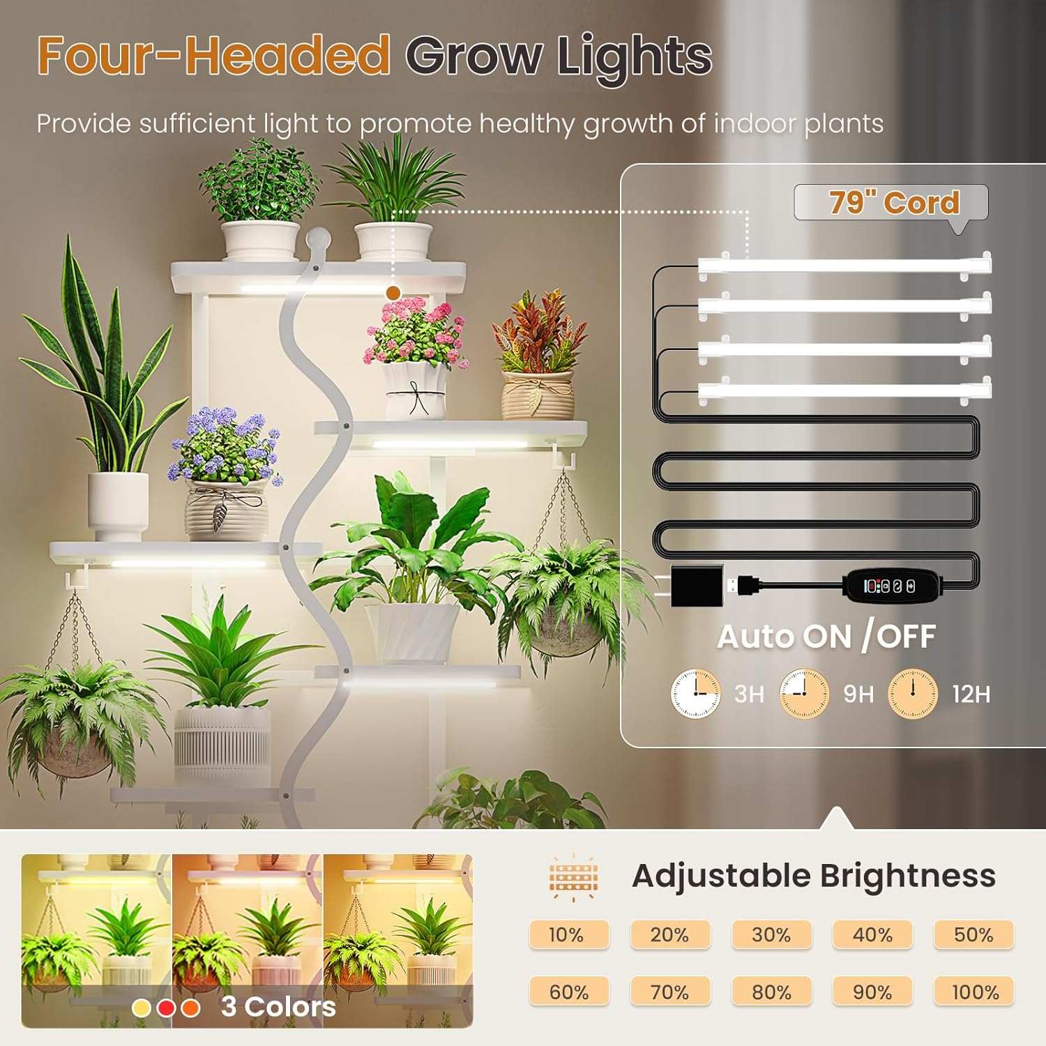 Sikaic Plant Stand 71 Inches S-Shaped Plant Stand Indoor with Grow Lights Rustic White White / Engineered Wood / Modern