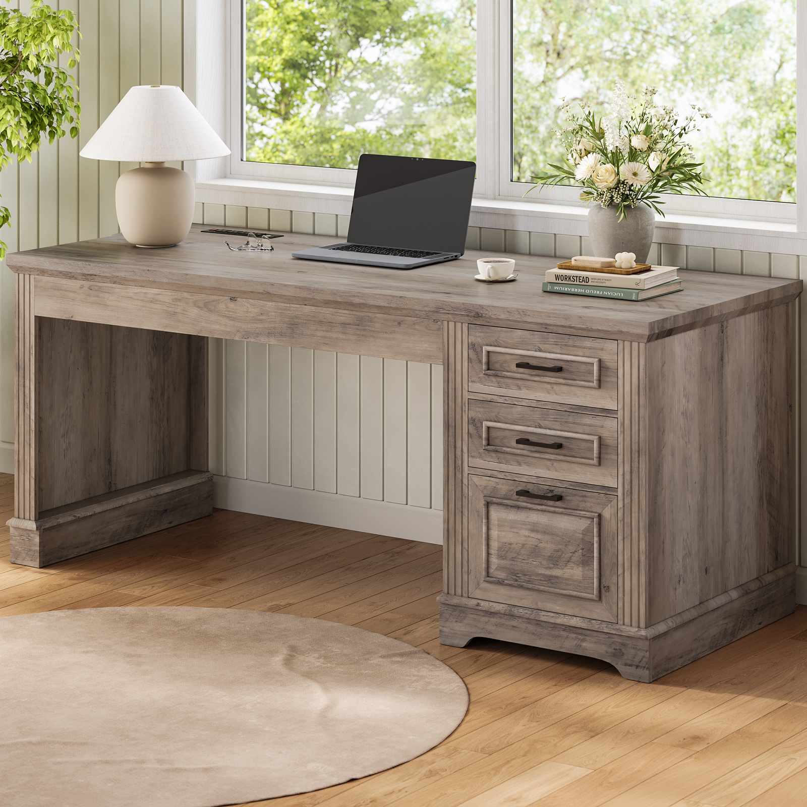Sikaic Computer Desk 55" Computer Desk with Storage Drawers and Power Outlet Grey Grey / Engineered Wood / Modern