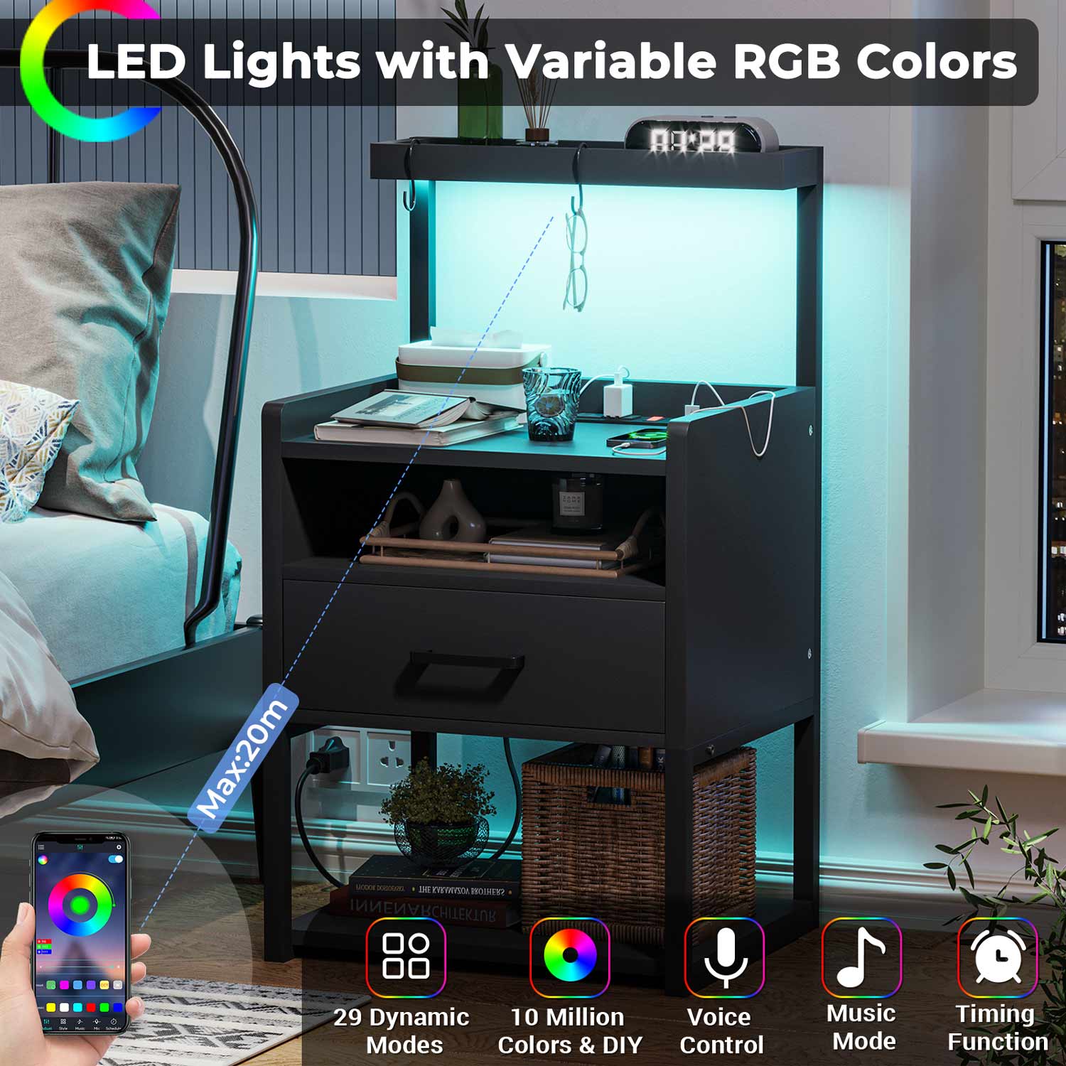 Sikaic Nightstand LED Nightstand with Charging Station & Shelf Black