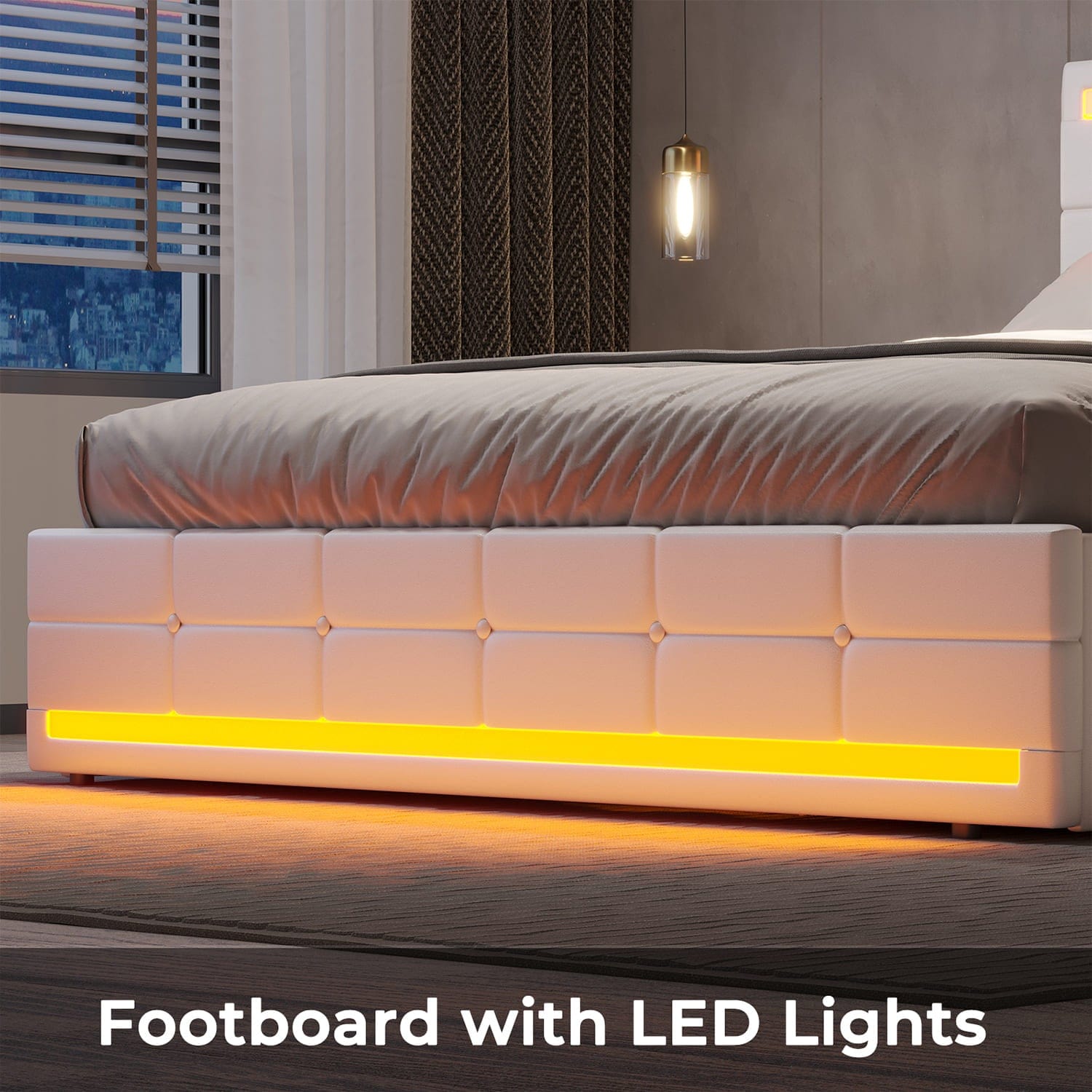 Sikaic PU Leather Platform Bed Frame with 4 Storage Drawers LED Lights Adjustable Headboard White