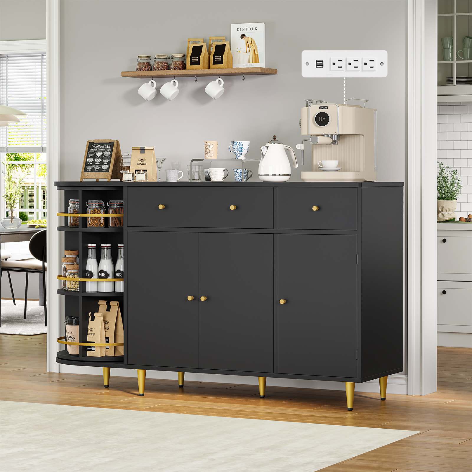 Sikaic Buffet Cabinet 55 Inches Buffet Cabinet Black Black / Engineered Wood / Modern