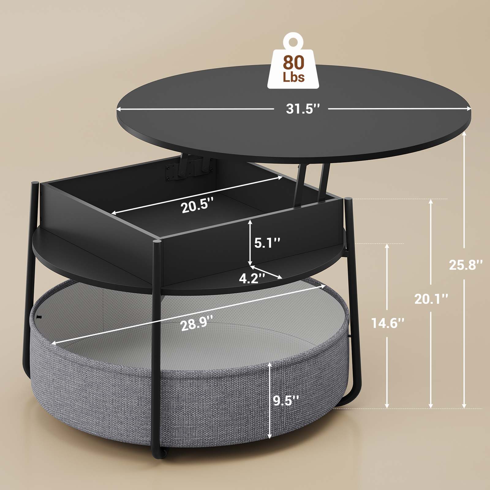 Sikaic Coffee Table Lift Top Round Coffee Table with Fabric Basket Black Black / Engineered Wood / Modern