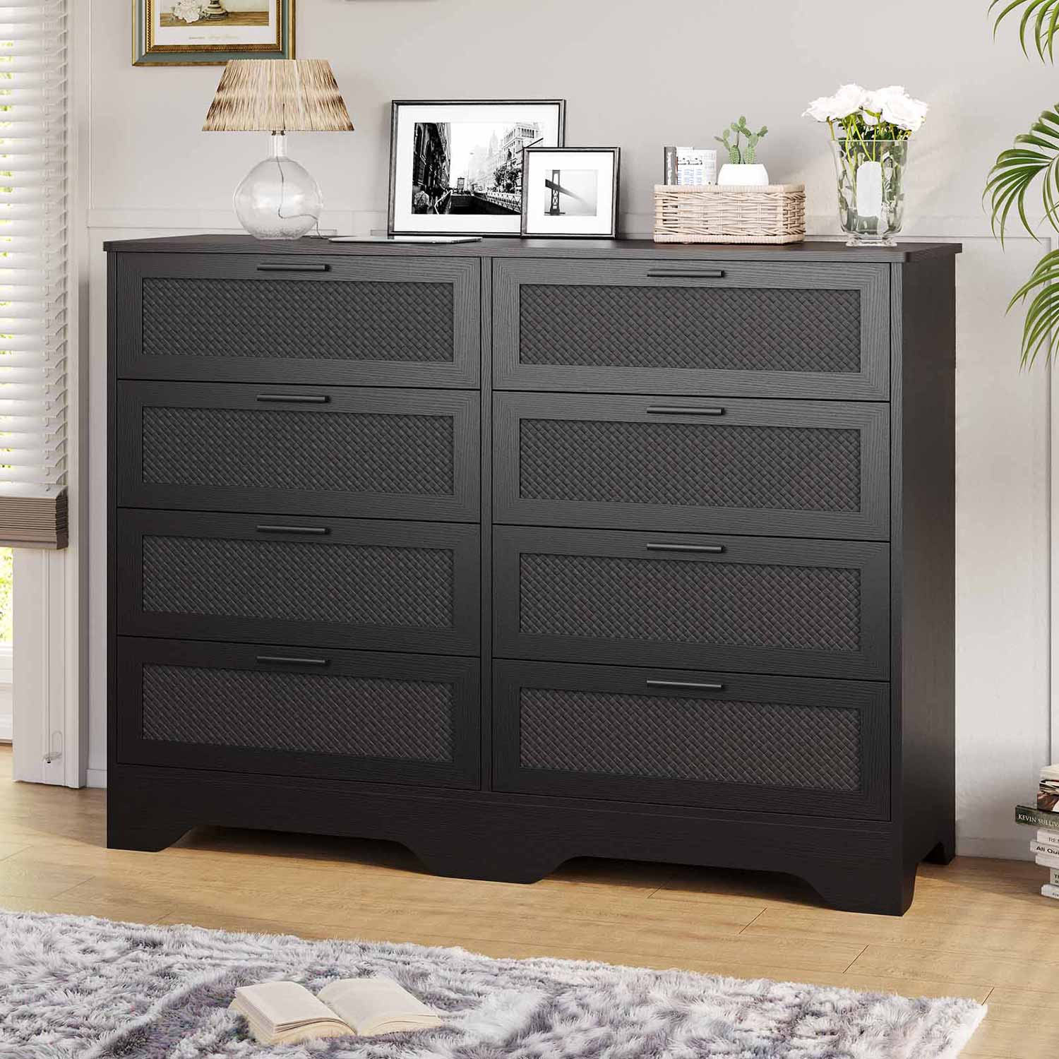 Sikaic Dresser Wooden Large Capacity Storage Dresser of Drawers with Woven Leather Design for Living Room Hallway Black