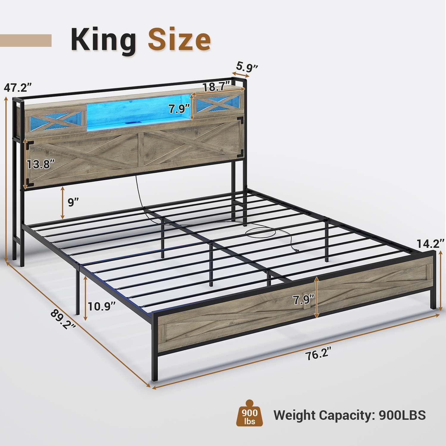 Sikaic Bed Frame LED Farmhouse Platform Bed Frame with Charging Station Storage Headboard Sliding Barn Door Grey