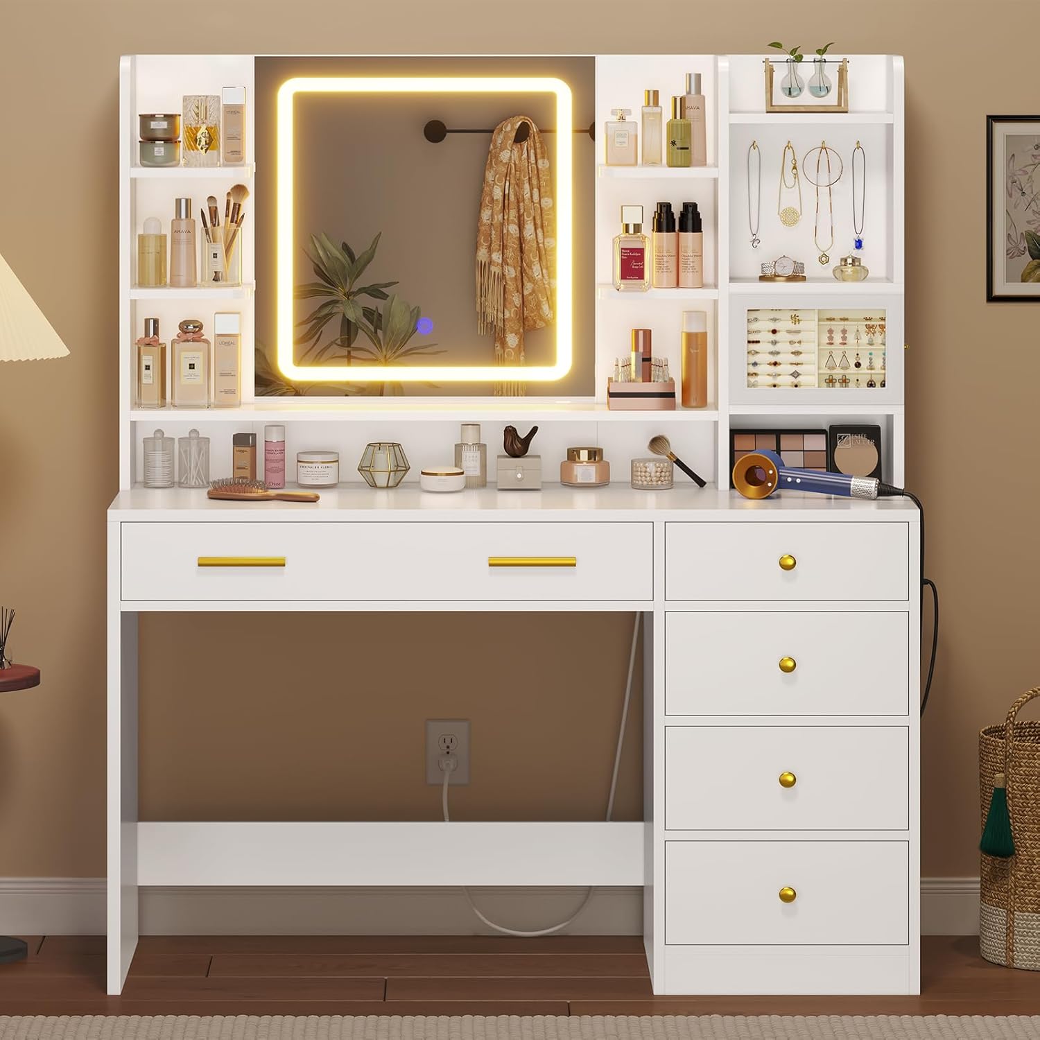 Sikaic Makeup Vanity LED Makeup Vanity with Touch Screen Mirror and Charging Station White White / Engineered Wood / Modern