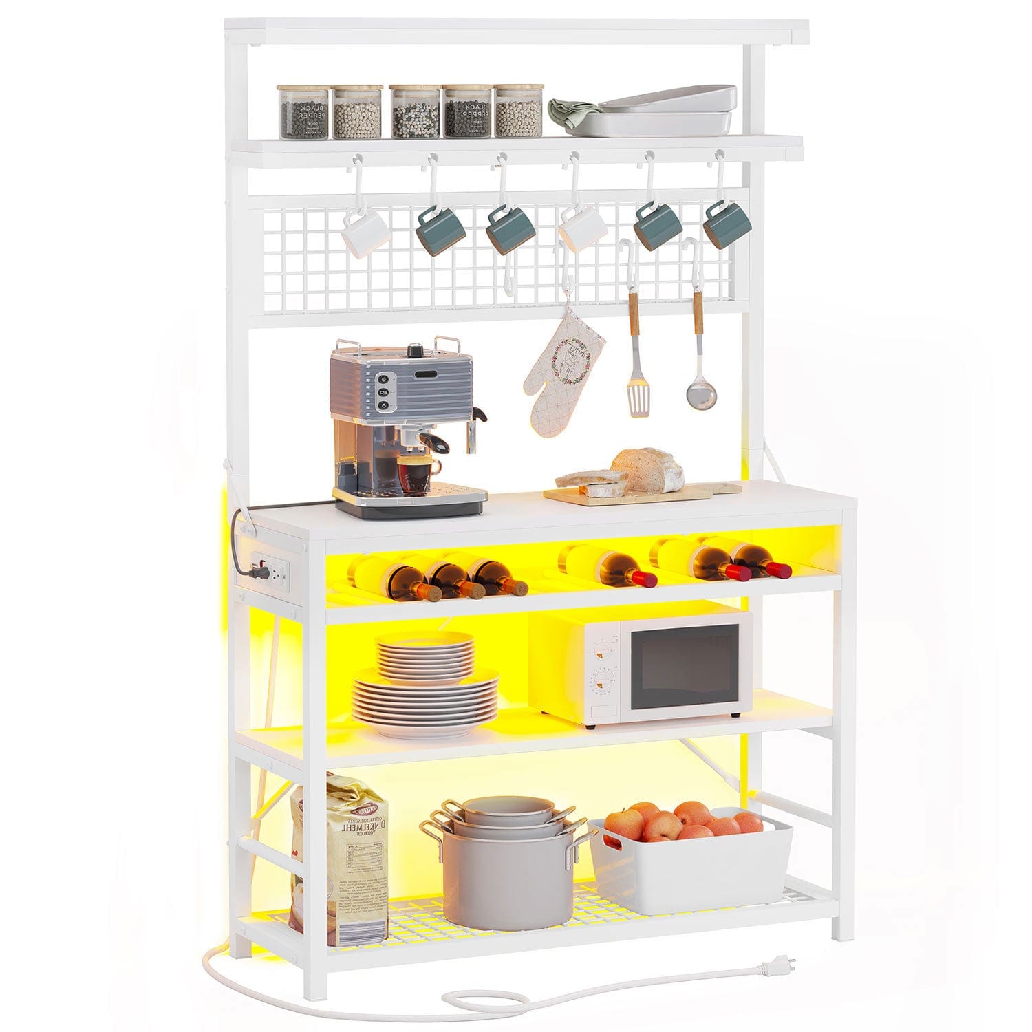 Sikaic Bakers Rack LED Bakers Rack with Power Outlet Storage White