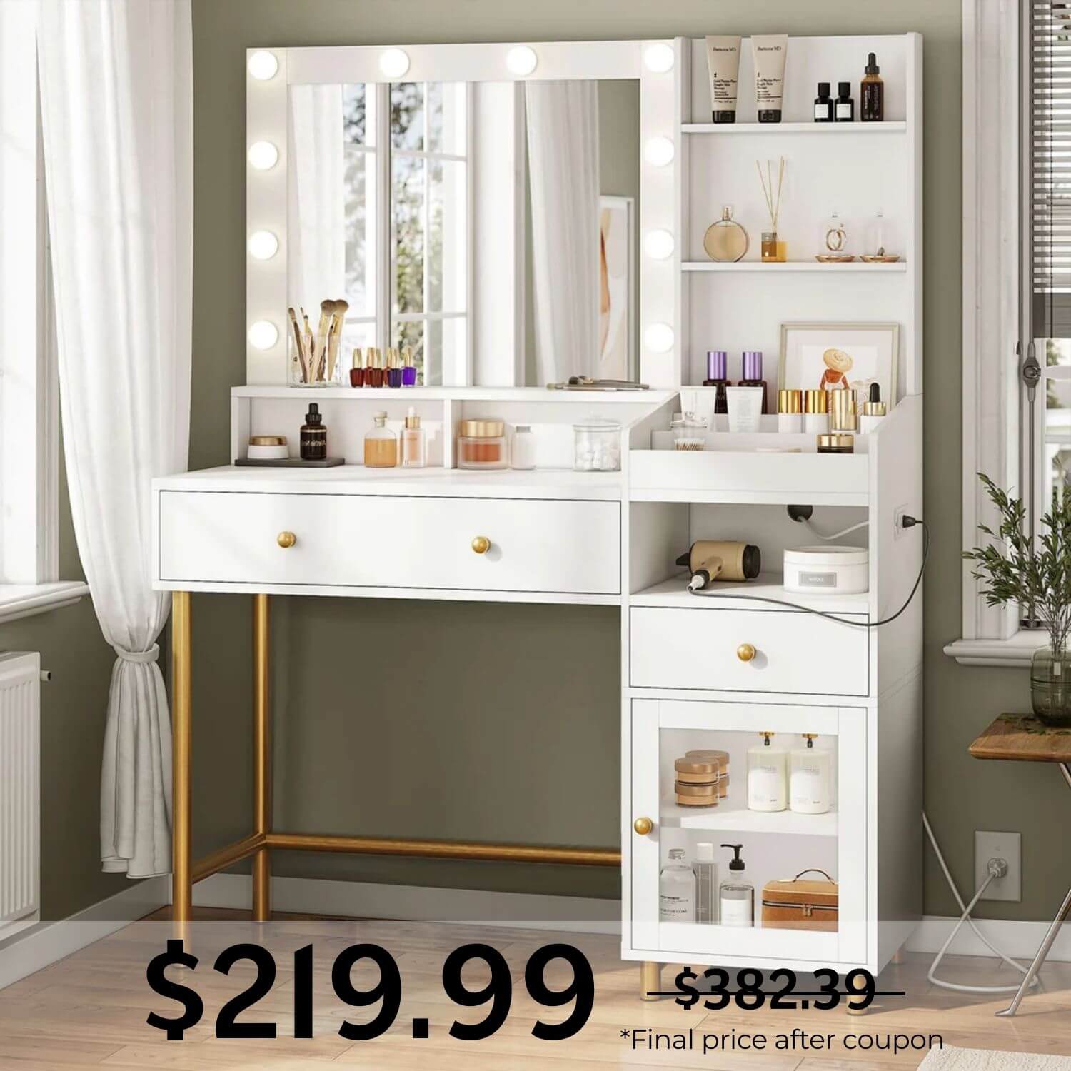 Sikaic Makeup Vanity LED Makeup Vanity with Mirror Charging Station White White / Particle Board / Modern
