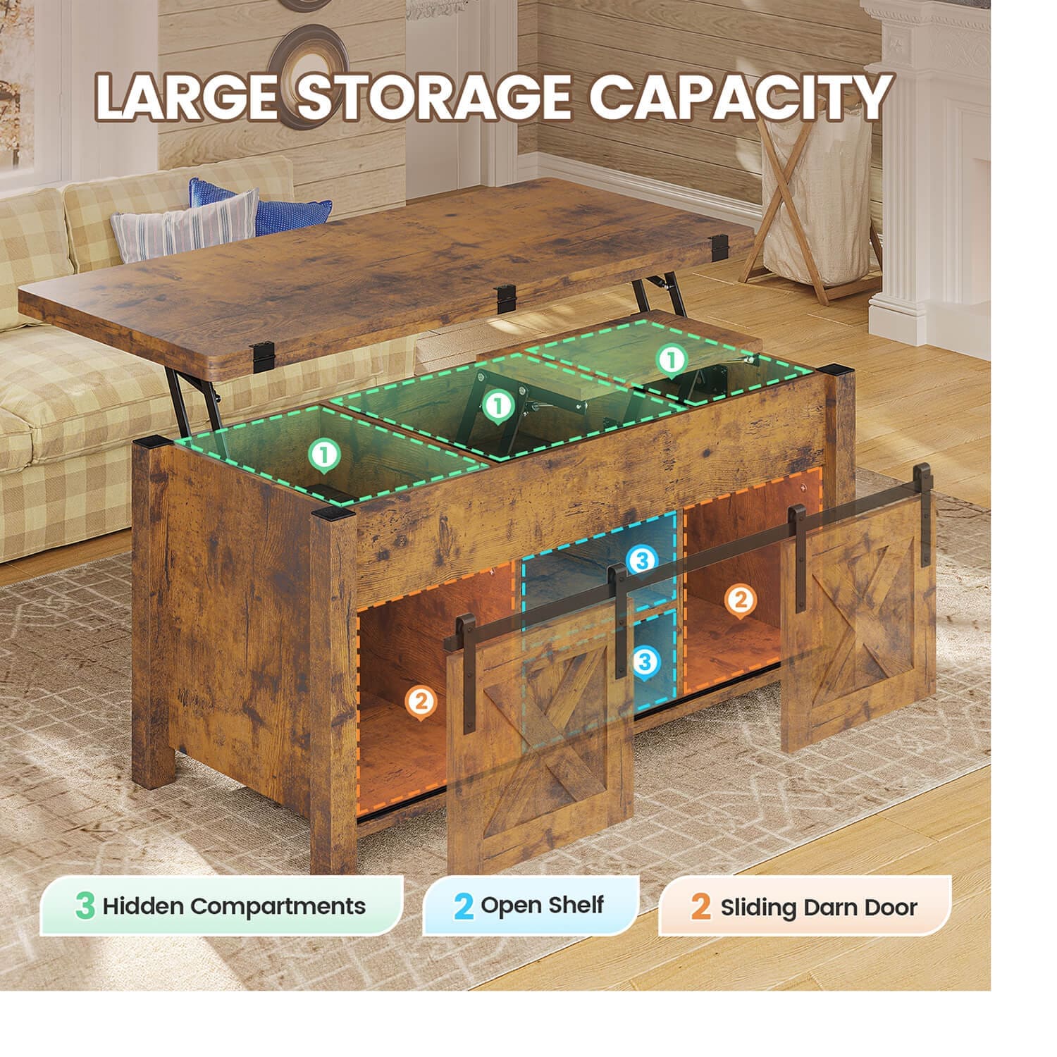 Sikaic Coffee Table 4 in 1 Multi-Function Lift Top Coffee Tables Converts to Dining Table Brown