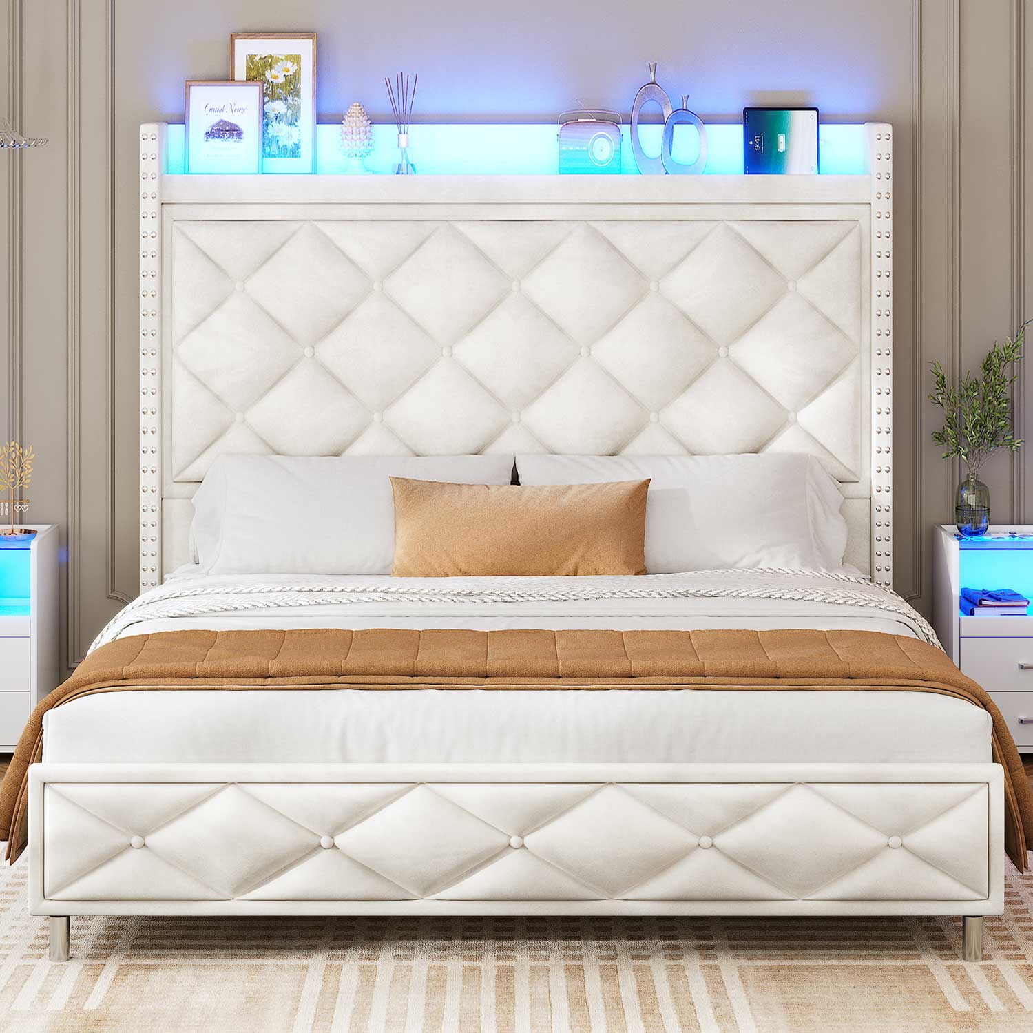 Sikaic Bed Frame King Size Led Bed Frame with Tall Headboard and Charging Station Beige