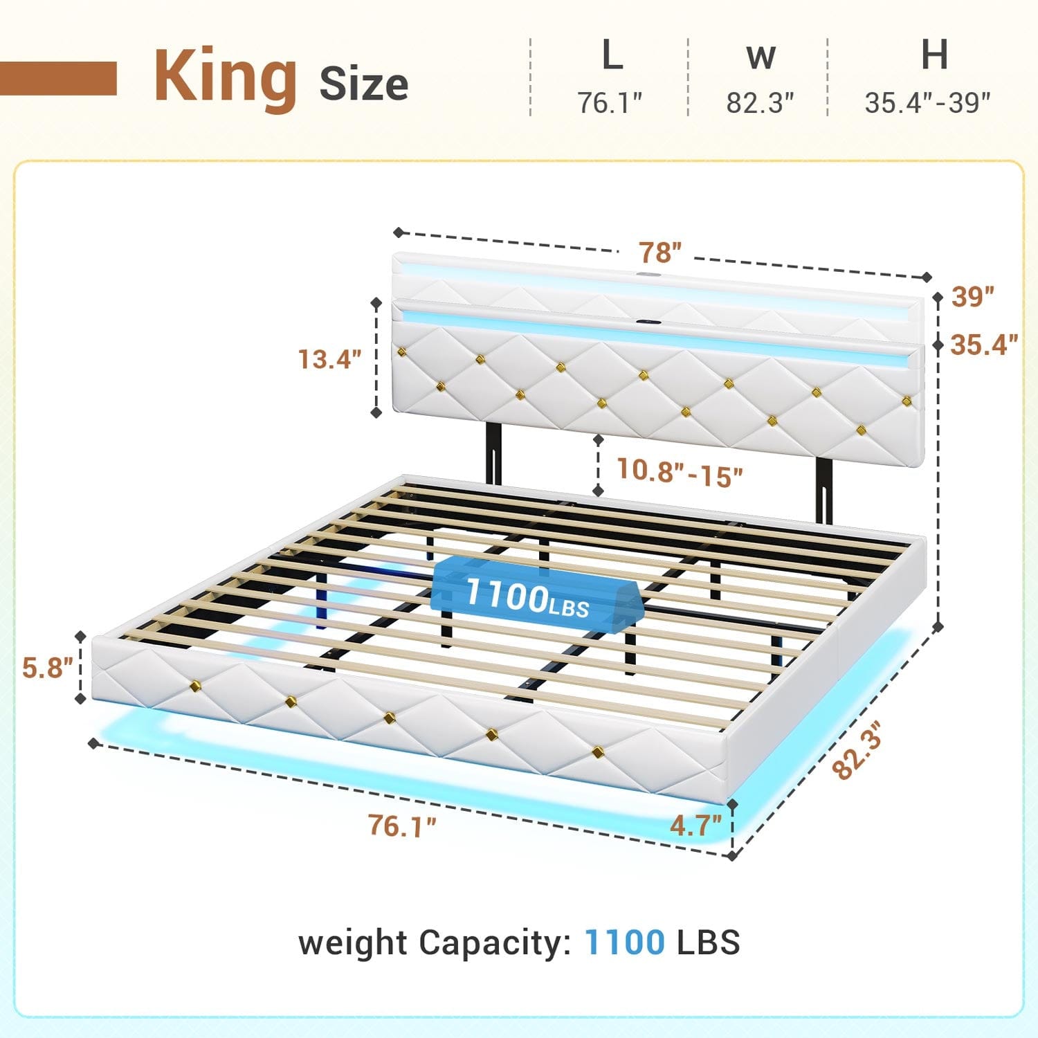Sikaic Bed Frame Floating LED Bed Frame with Outlets Leather Upholstered Headboard White