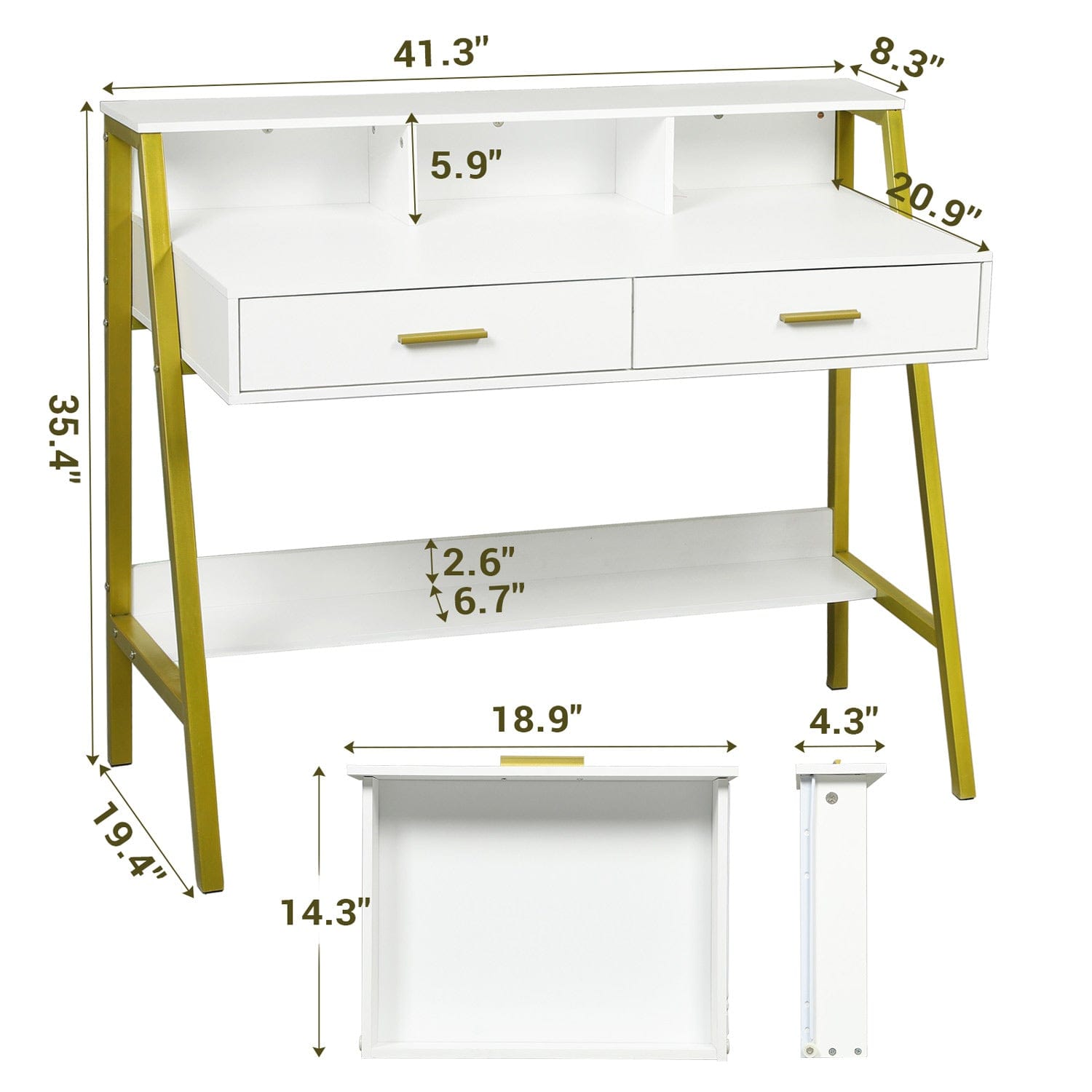 Sikaic Writing Desk Computer Desk with Drawers Monitor Stand Built-in Hutch White Gold