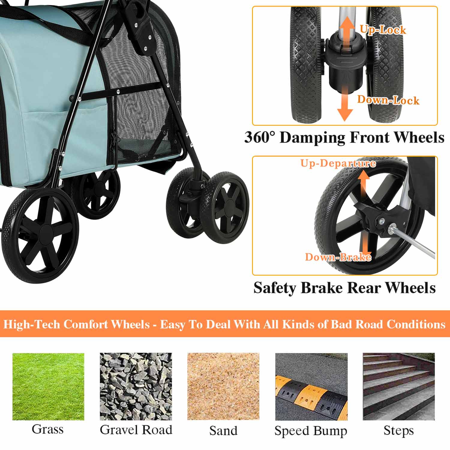 Sikaic Pet Stroller 4-in-1 Pet Strollers for Small Medium Pets 4 Lockable Wheels Light Blue