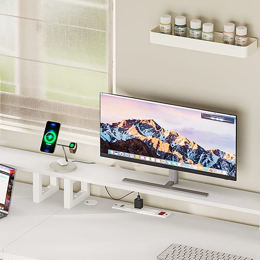 Sikaic 66" L Shaped Corner Two Person Gaming Desk with File Drawer Power Outlet Led Lights Monitor Shelf White