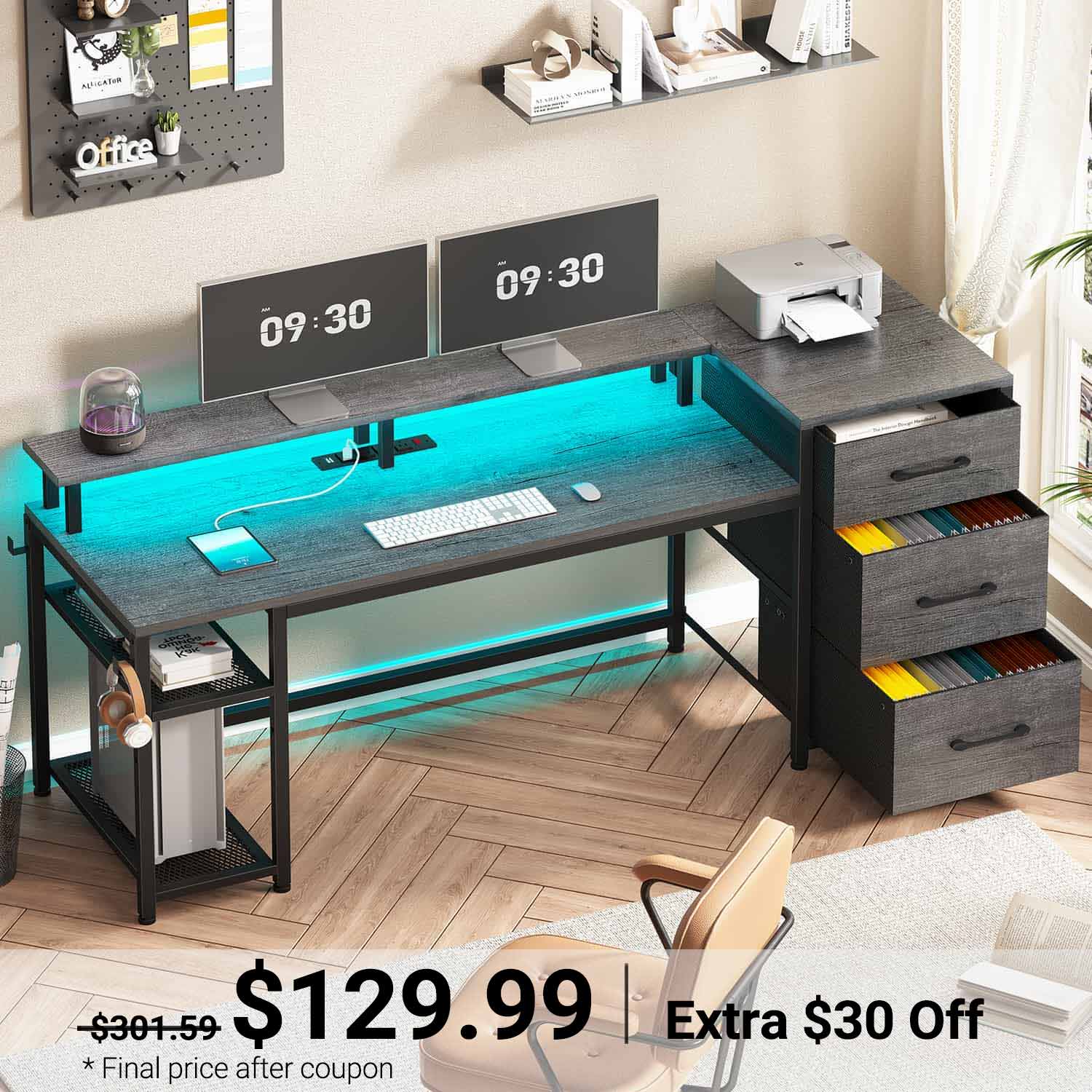 Sikaic Gaming Desk 59 Inches Reversible Gaming Desk with LED Lights & Power Outlet File Drawers and Storage Grey Grey / Engineered Wood / Modern
