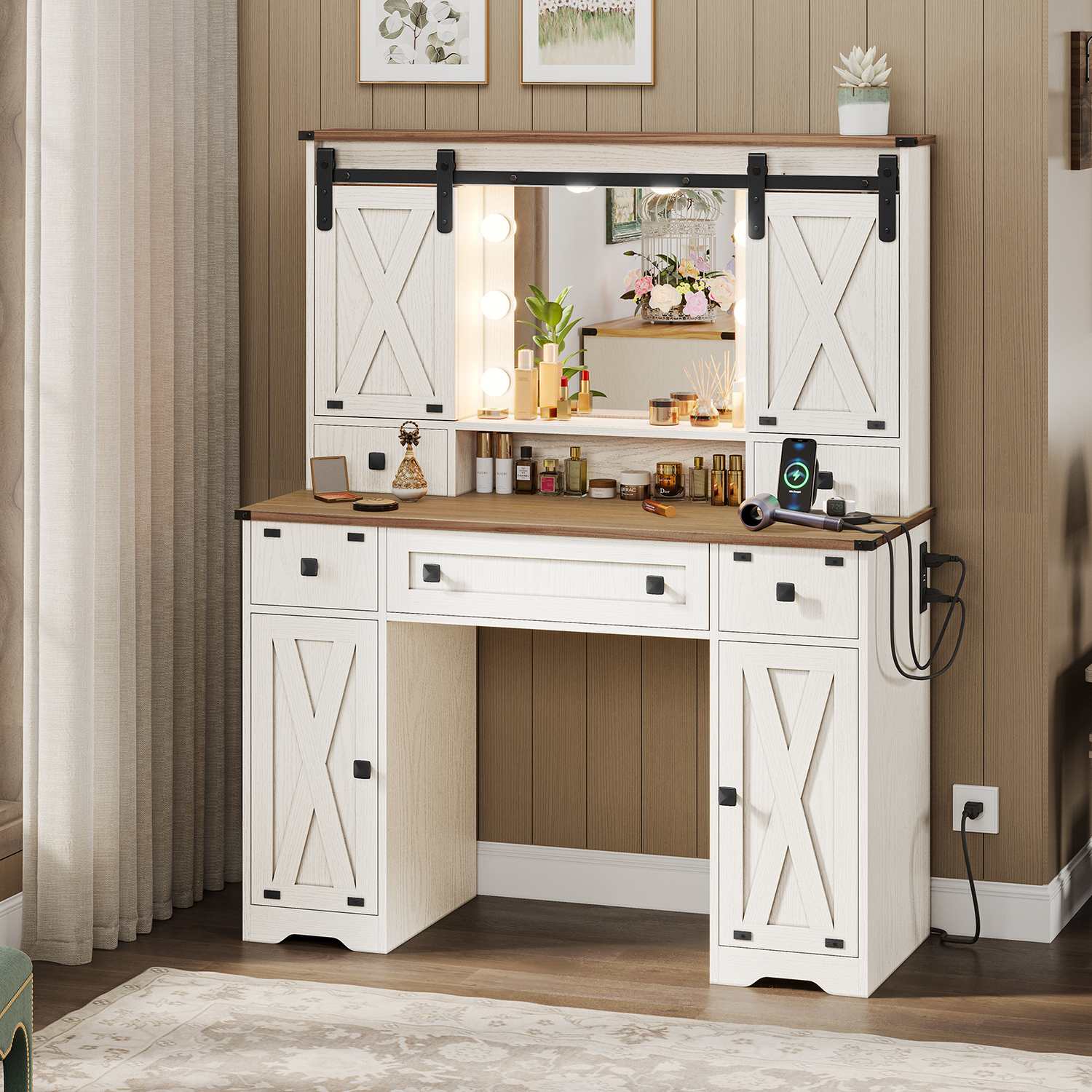 Sikaic Makeup Vanity Farmhouse Makeup Vanity Desk Mirror with Sliding Barn Door 3 Lighting Modes Adjustable and Charging Station White