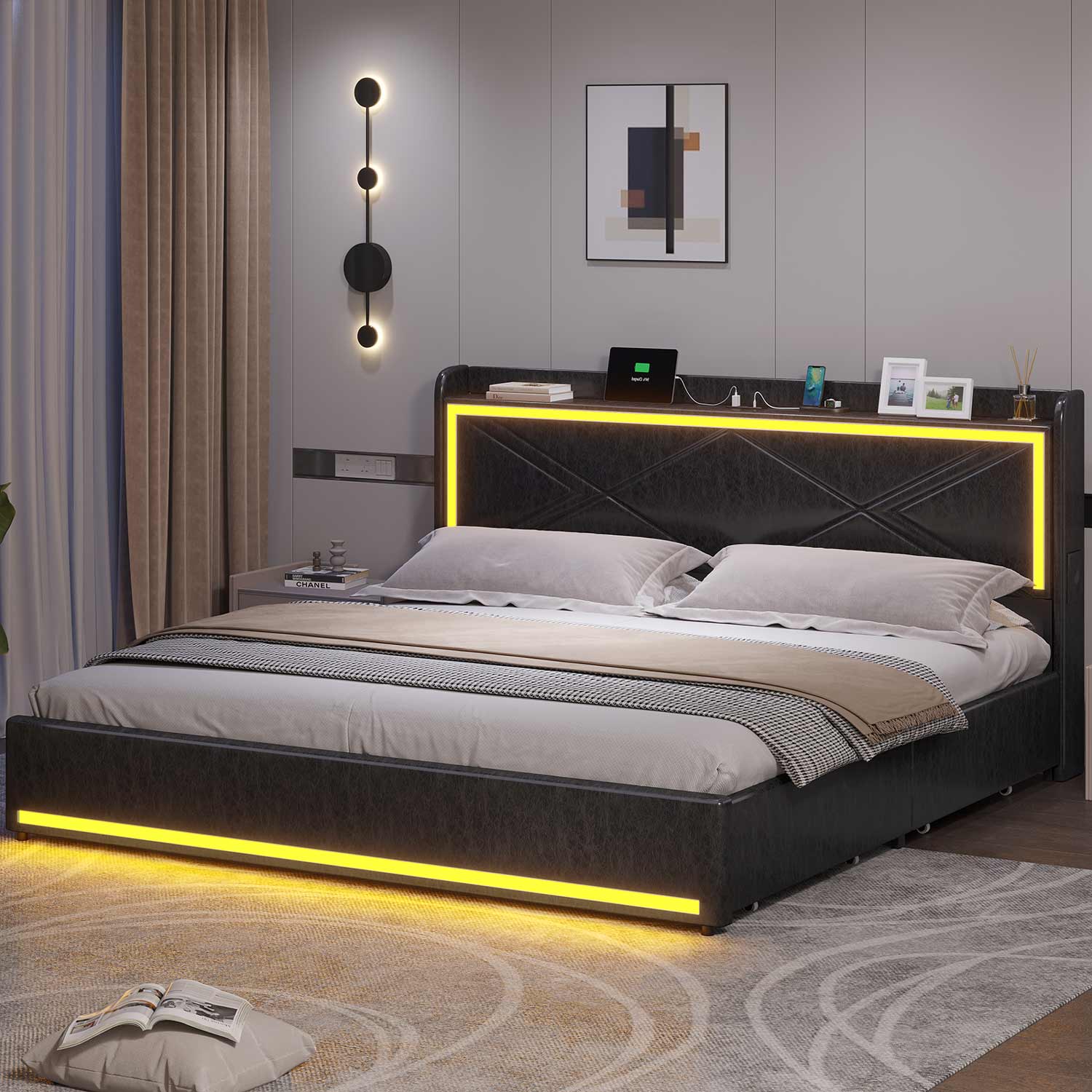 Sikaic Bed Frame Upholstered Platform LED Bed Frame with Charging Station No Box Spring Needed Black