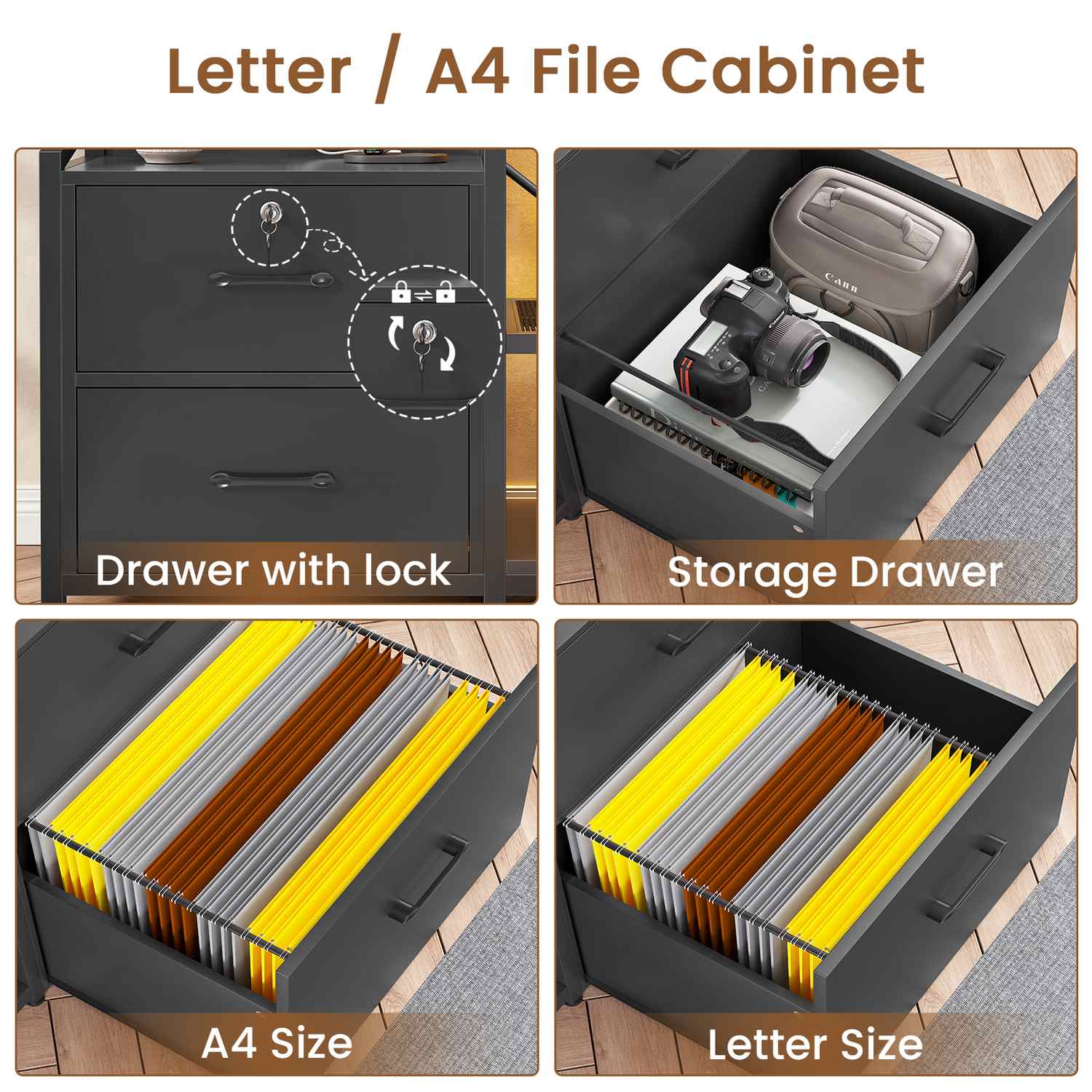 Sikaic File Cabinet 35.4 inches LED File Cabinet Power Strip with 2 Drawe fits Letter/A4 Size Black