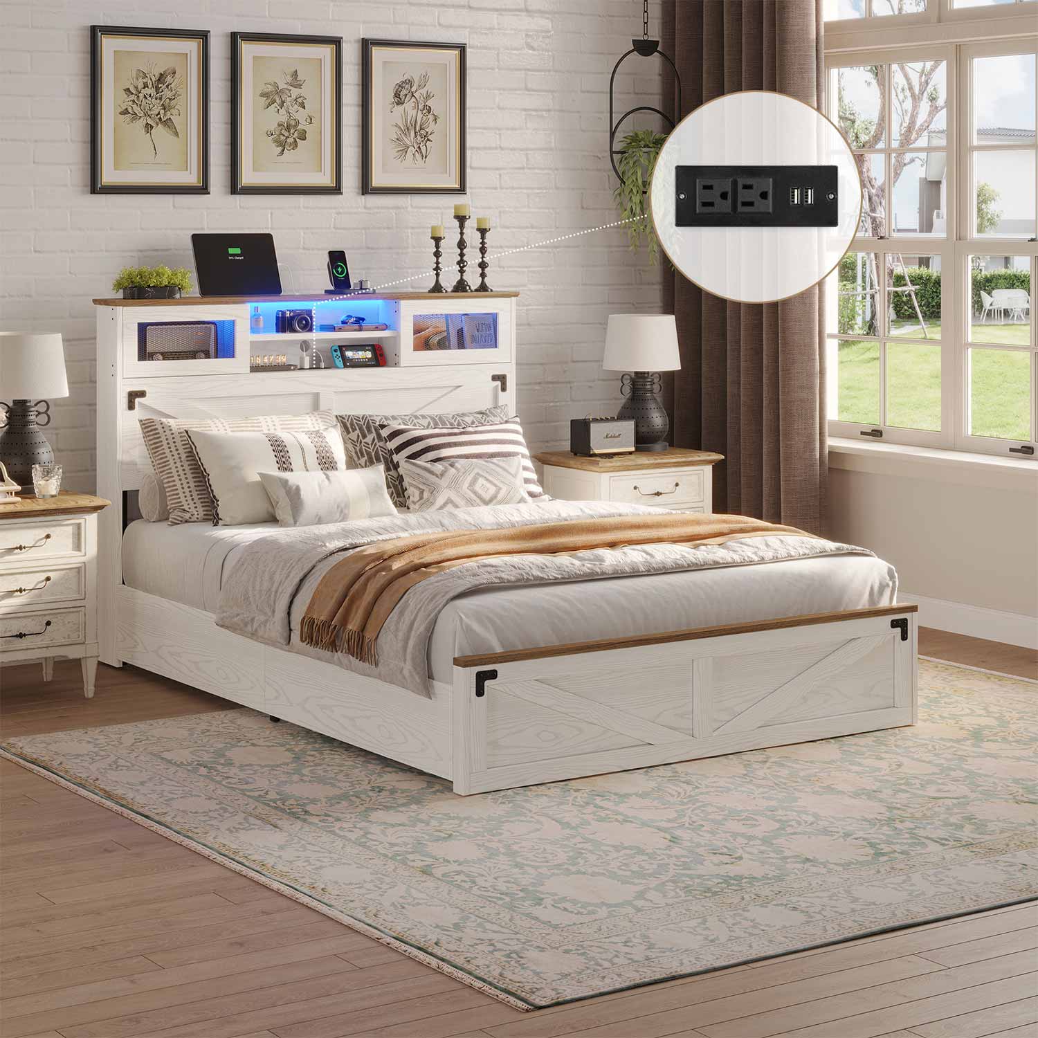Sikaic Bed Frame Farmhouse Wooden Platform LED Lights Bed Frame with Bookcase Sliding Door Headboard Charging Station and 2 Drawers White