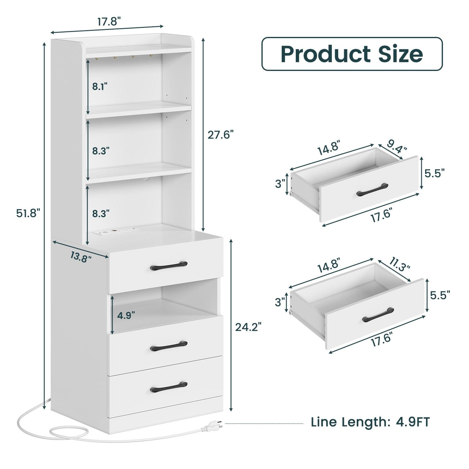 Sikaic Nightstand LED Tall Nightstand with Charging Station 3 Drawers And Bookshelf  White