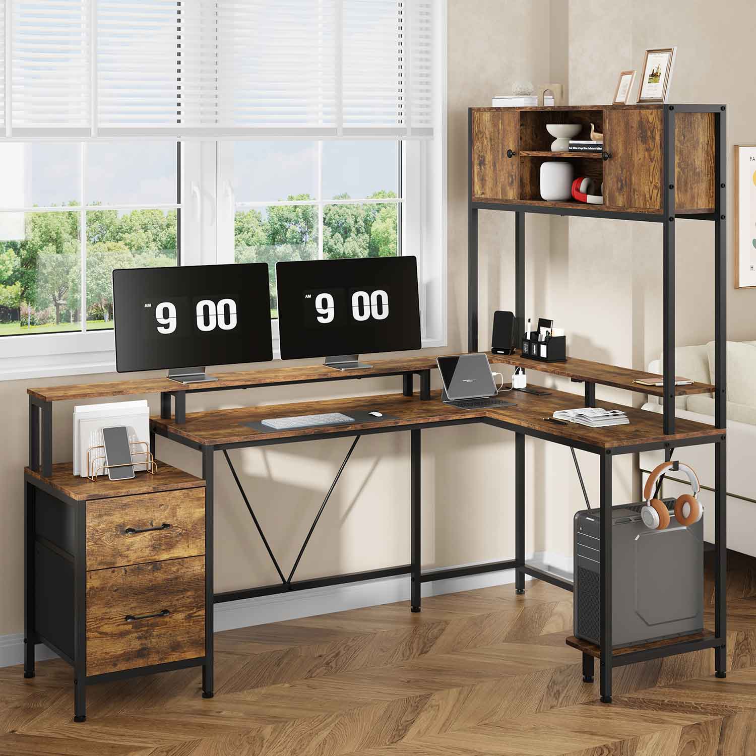 Sikaic Gaming Desk Reversible L-Shaped Led Gaming Desk With Power Outlets and Monitor Stand & 2 Drawers Brown Brown / Engineered Wood / Modern