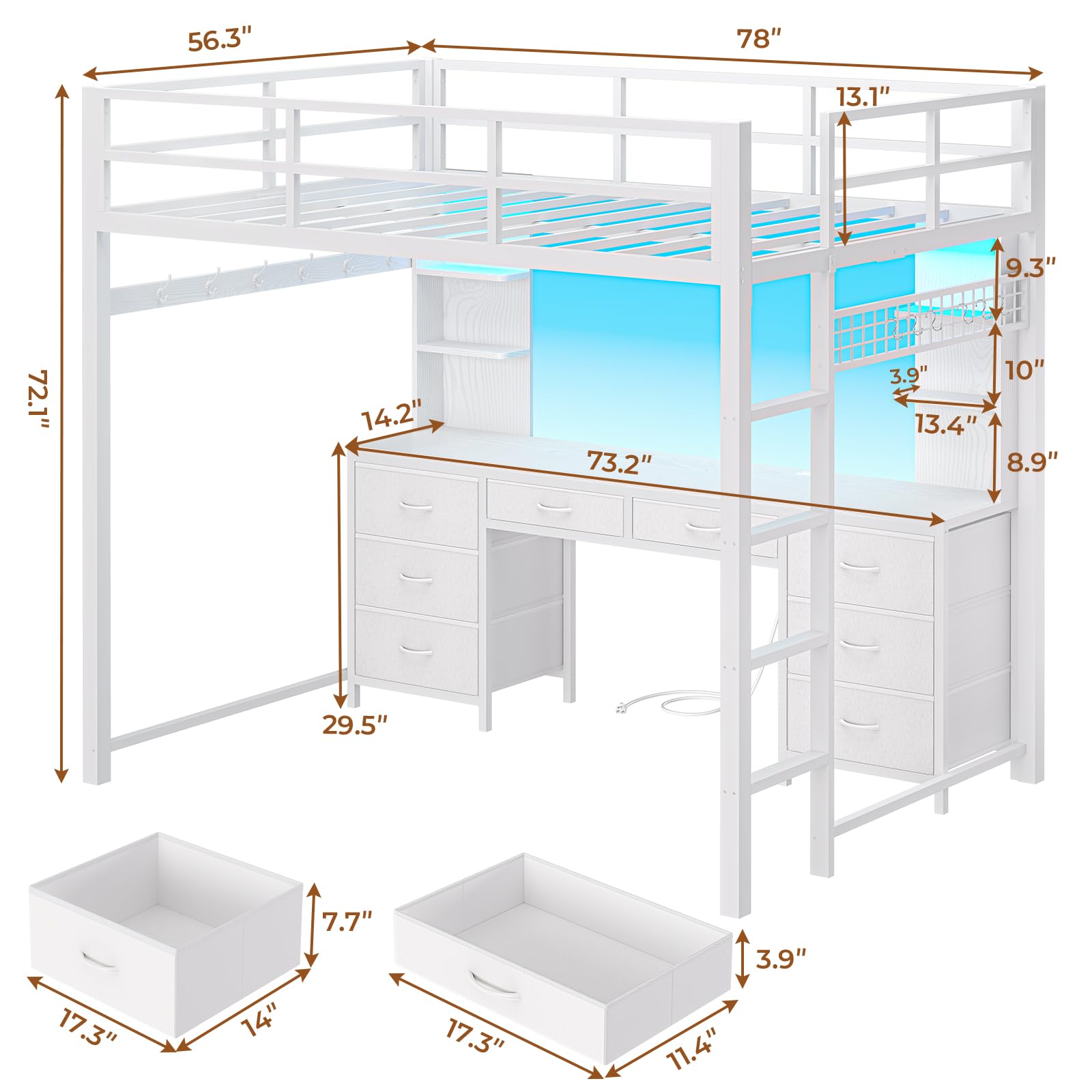 Sikaic Bed Frame Full Metal Loft LED Bed Frame with 8 Storage Drawers & Charging Station and 4 Open Storage Shelves White White / Full Size / Steel